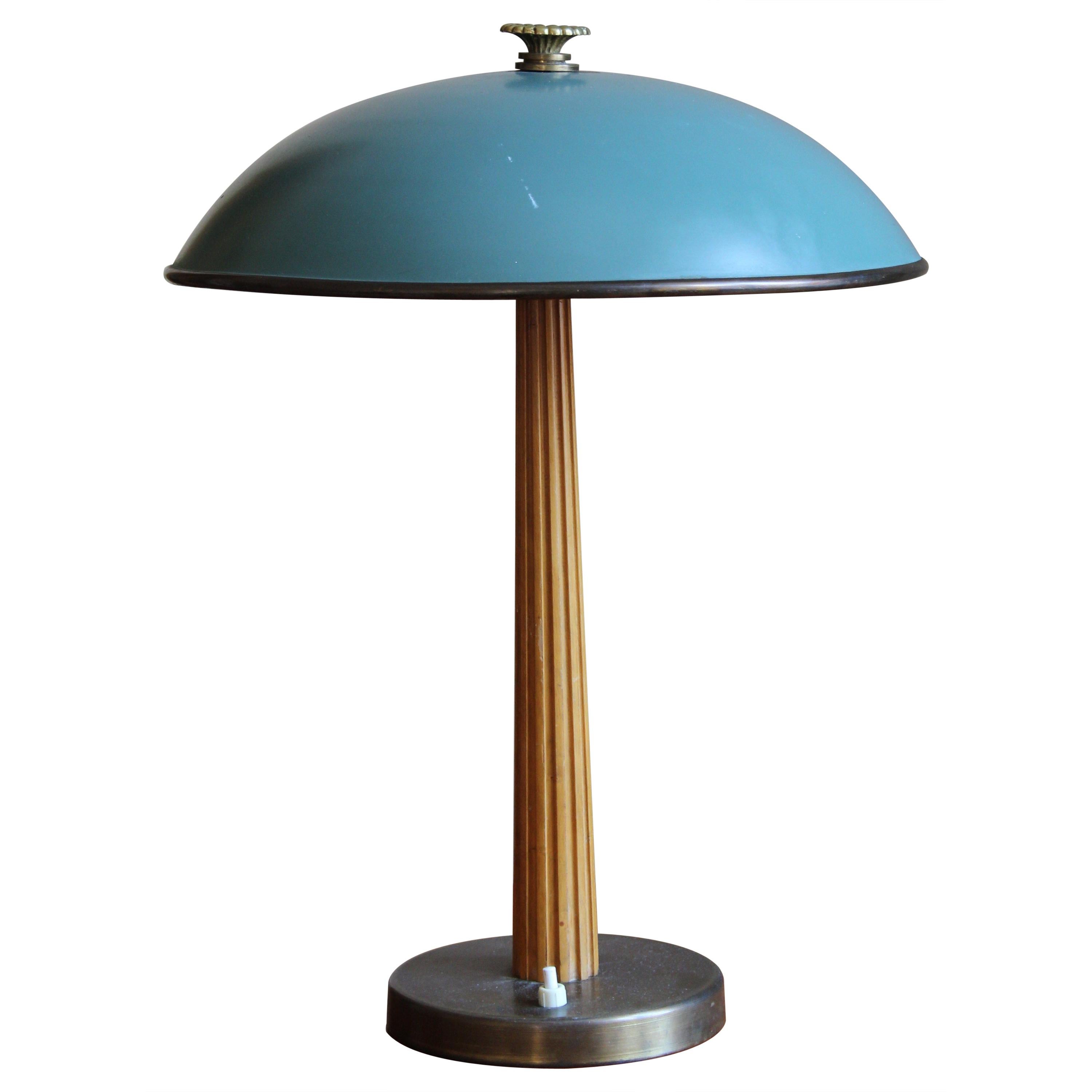 Böhlmarks, Table Lamp, Blue Brass, Stained Elm, Lacquered Steel, circa 1940