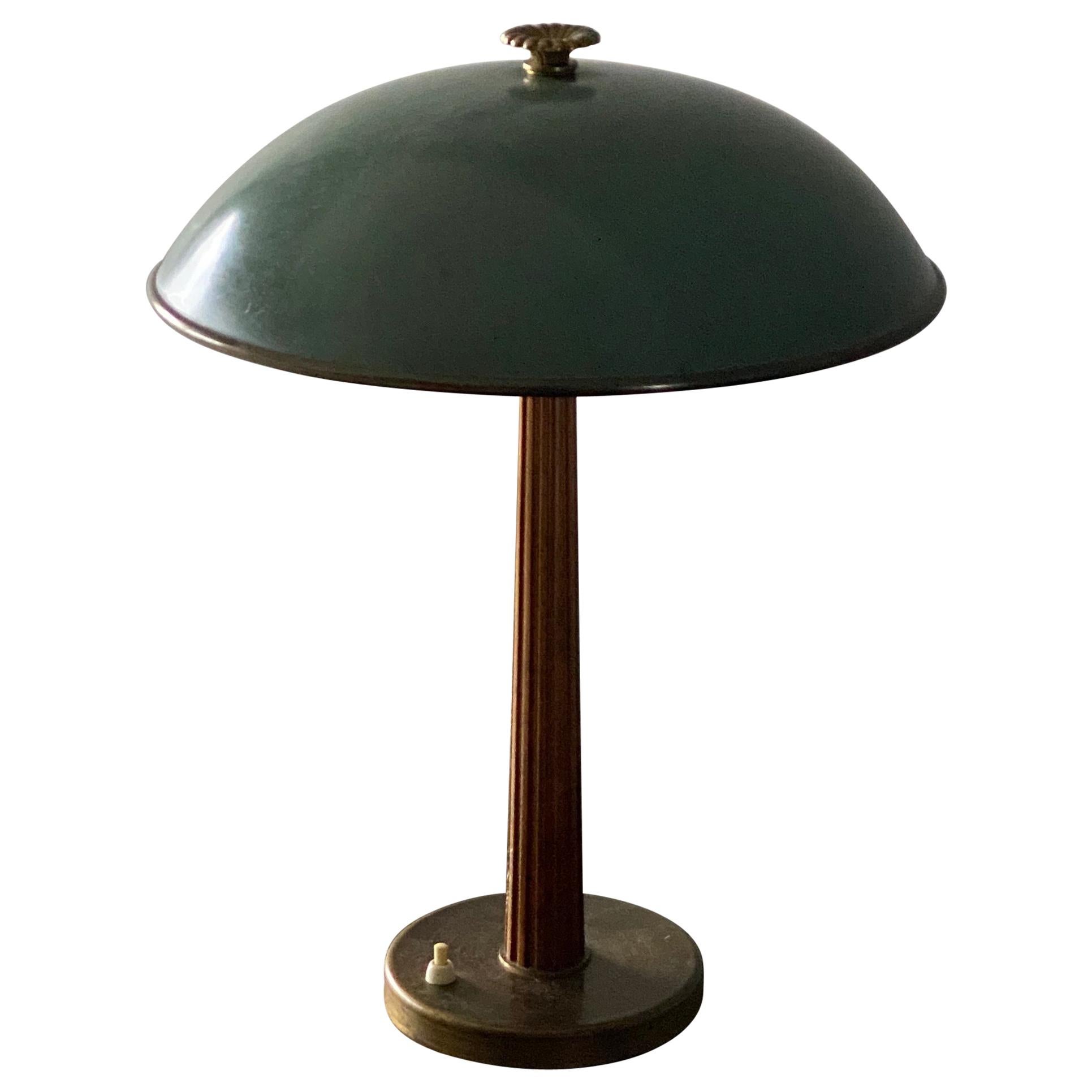 Böhlmarks, Table Lamp Brass, Stained Elm, Torquise Lacquered Steel, circa 1940