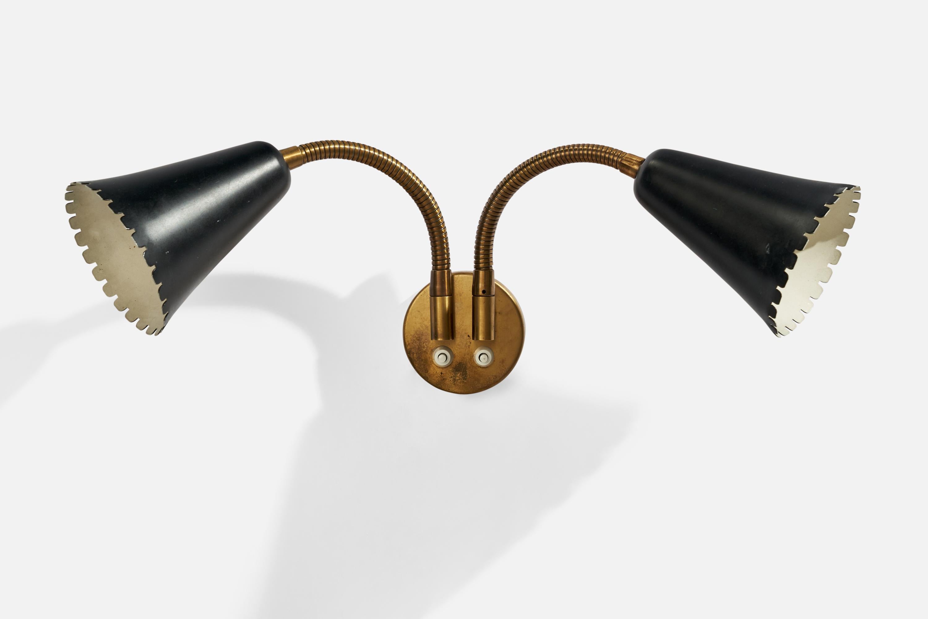 An adjustable two-armed brass and black-lacquered metal wall light designed and produced in Sweden, 1940s.

Dimensions variable 
Overall Dimensions (inches): 16” H x 12” W x 5.25” D
Back Plate Dimensions (inches): 3.5”  H x 3.5”  W x .75” D
Bulb