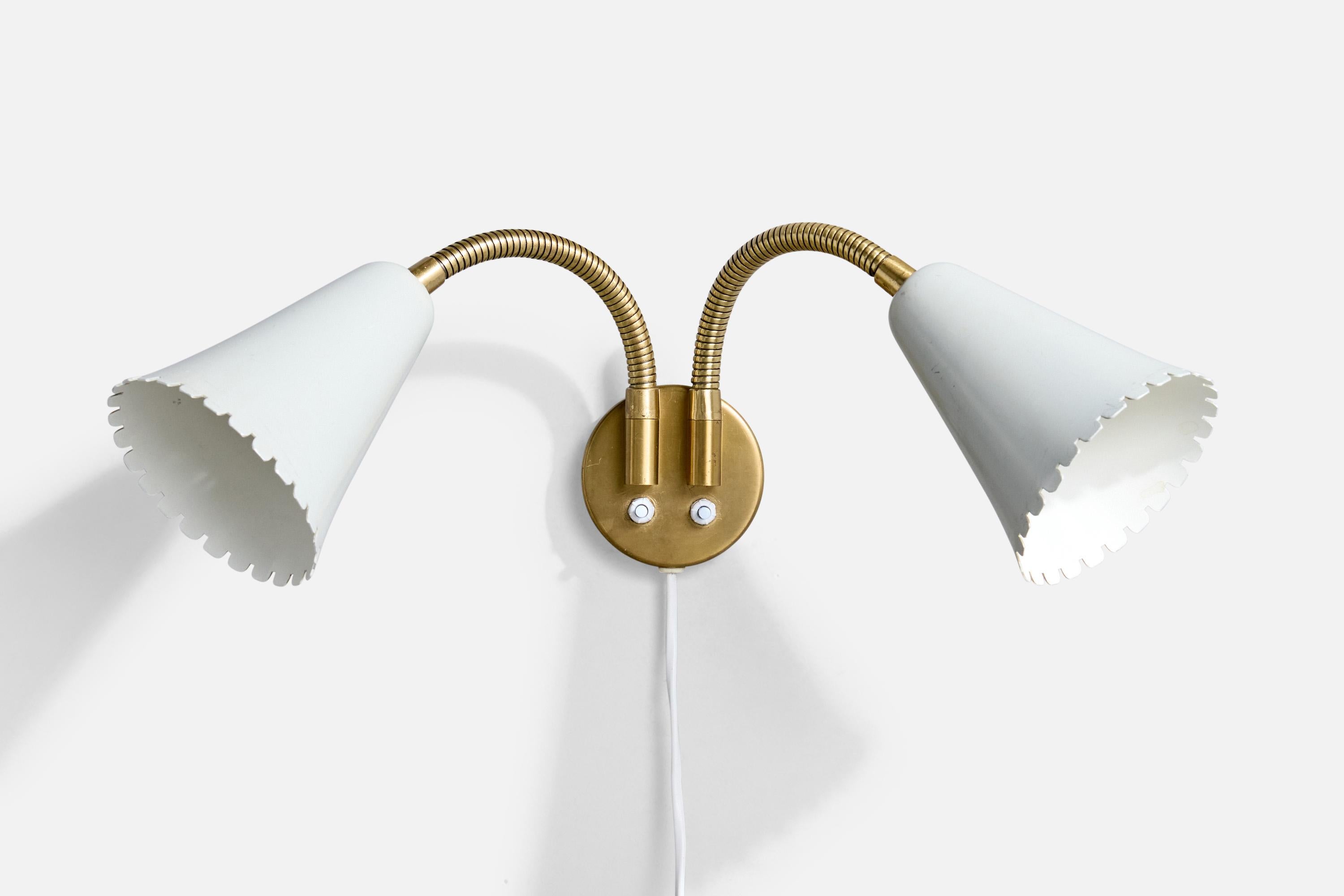 An adjustable brass and light grey-lacquered metal wall light produced by Böhlmarks, Sweden, c. 1940s.

Overall Dimensions (Inches): 15” H x 12” W x 9.5” D

Back Plate Dimensions (Inches): 3.5” H x 3.5” W x .8” D

Bulb Specifications: E-26

Number