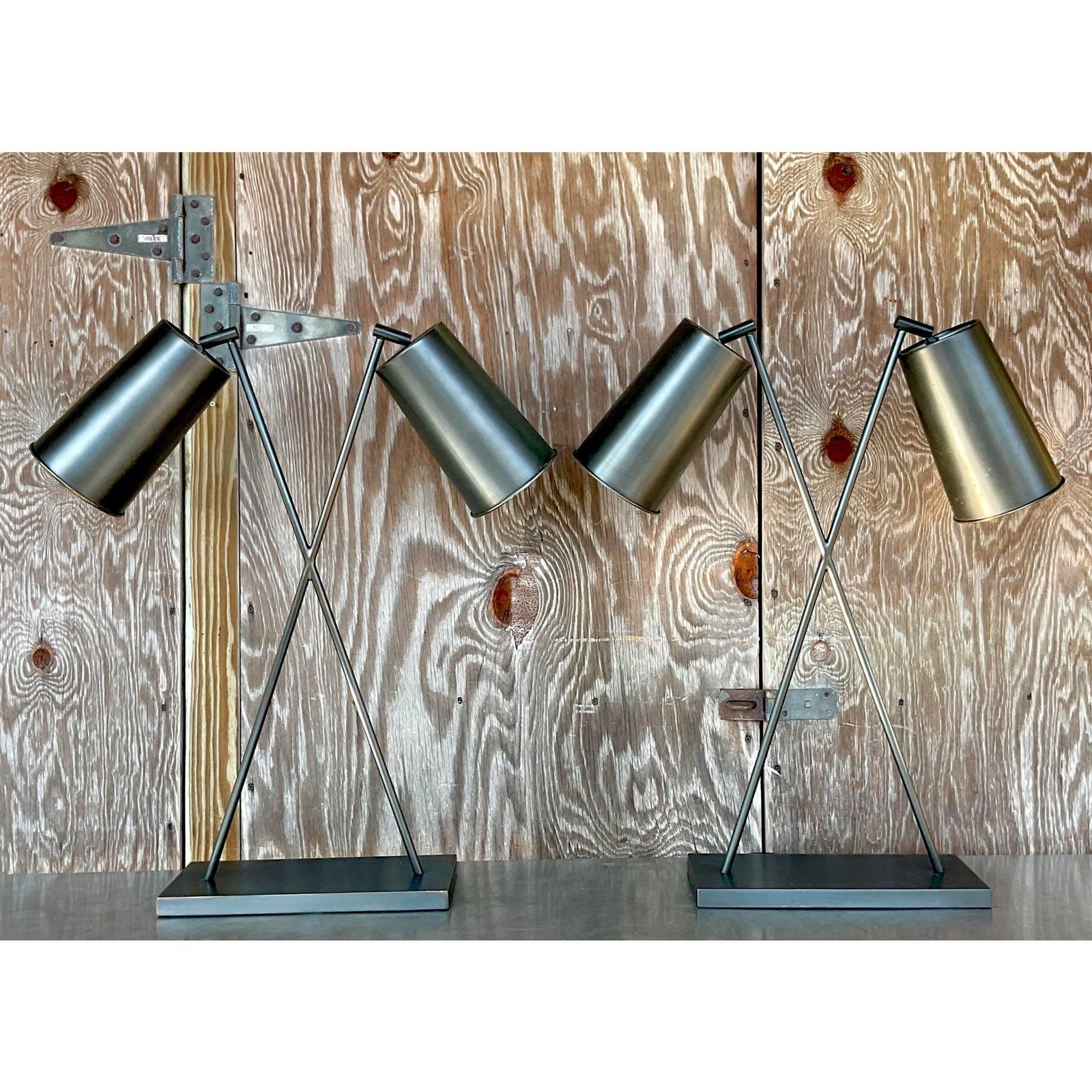 A fabulous pair of vintage Boho table lamps. The chic “Marley” design my by thr Arteriors group. Beautiful articulated shades on a fab x design. Large and impressive. Acquired from a palm Beach estate.
