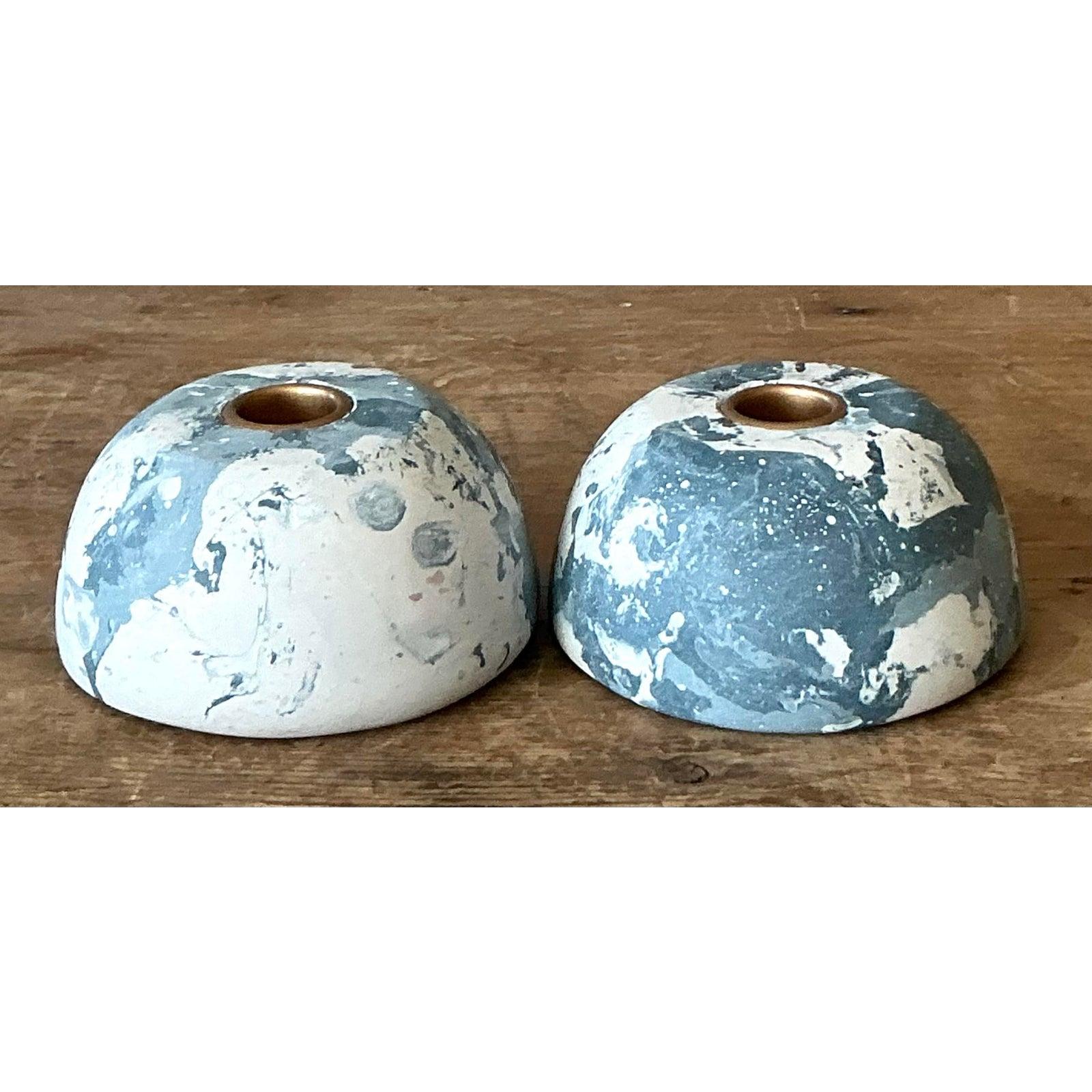 Americano Portacandele a cupola bassa in gesso pigmentato Boho Artisan Scagliola - Set di 2 in vendita