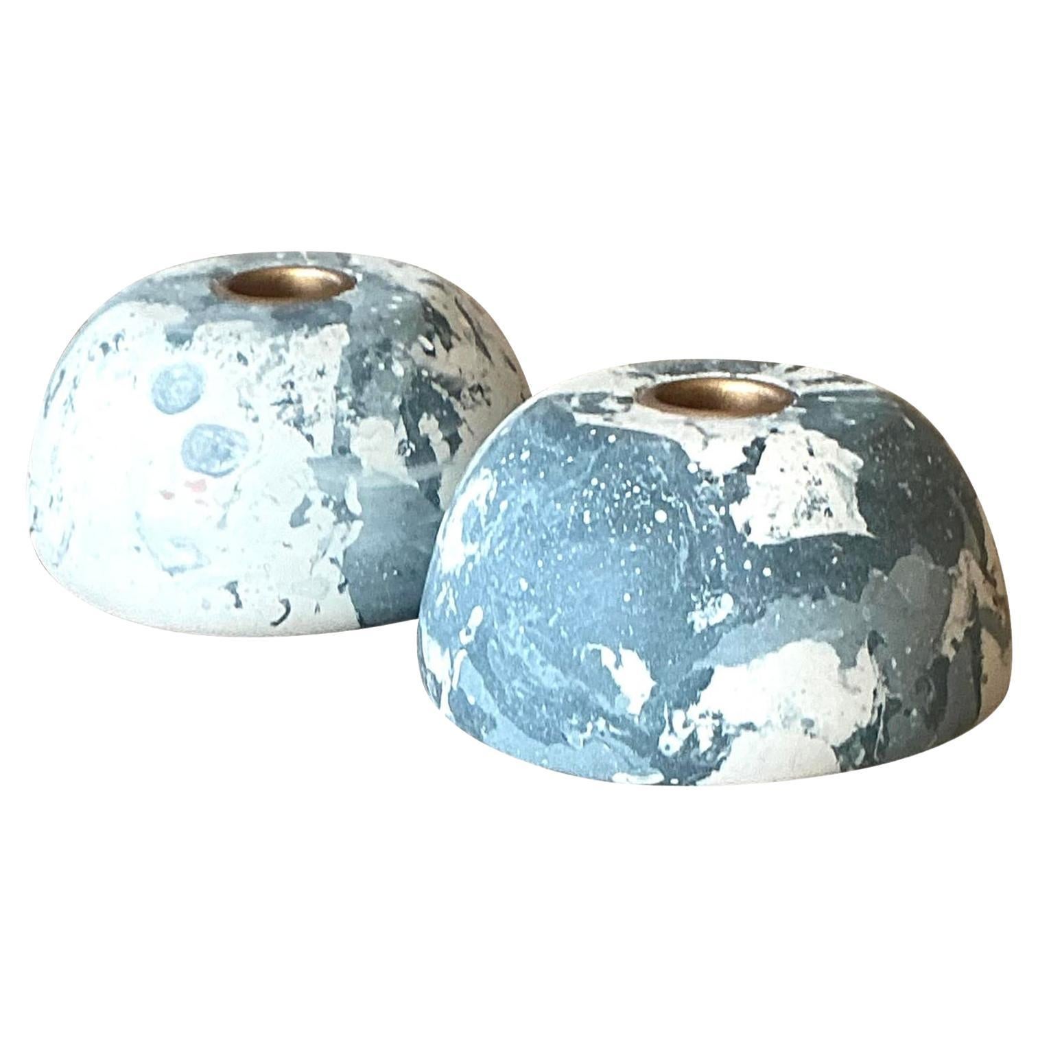 Portacandele a cupola bassa in gesso pigmentato Boho Artisan Scagliola - Set di 2 in vendita