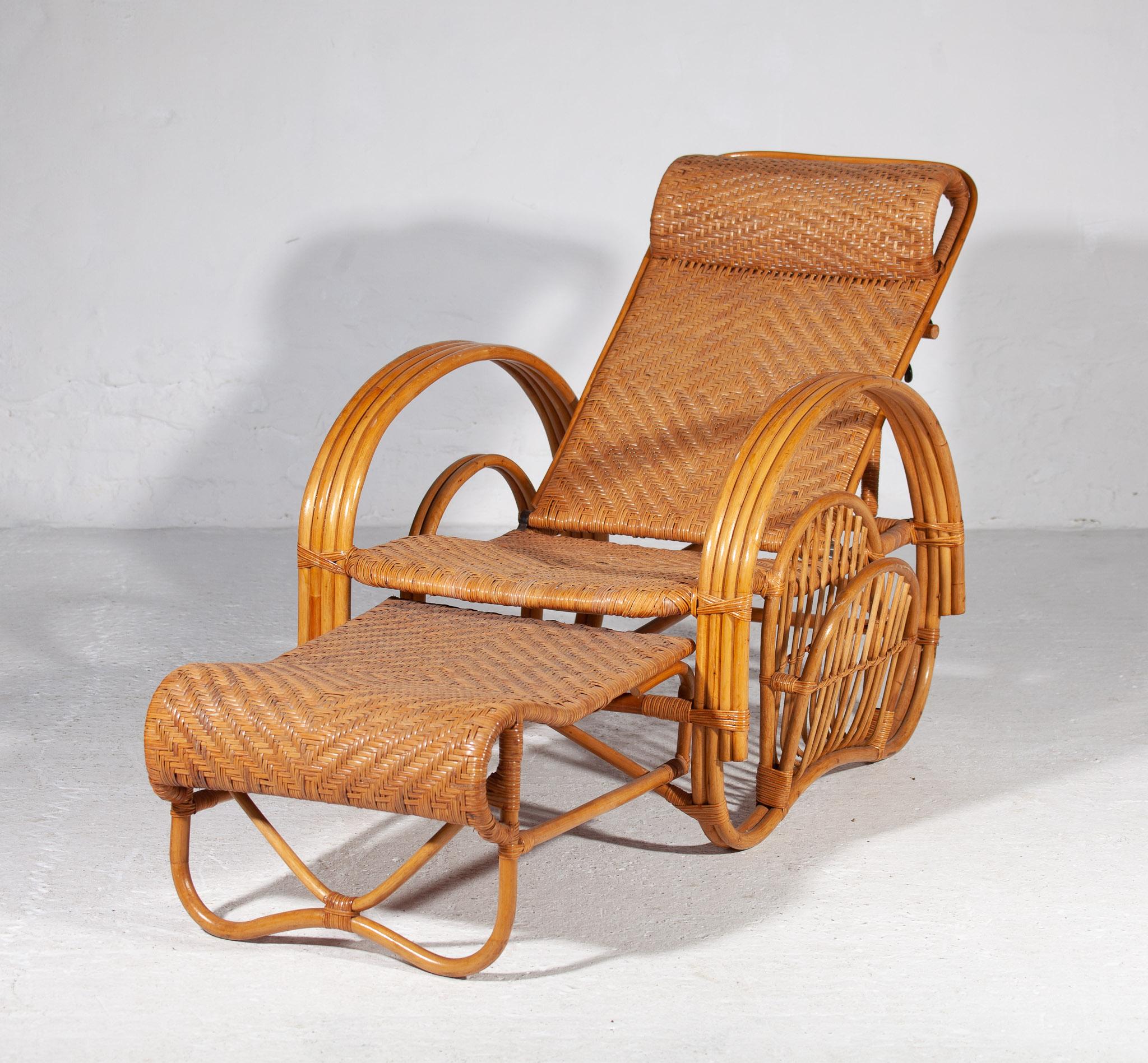 Mid-Century Modern Boho Bamboo Extendable Lounger, Rattan Deck Chair, and Magazine Holder, 1950s For Sale
