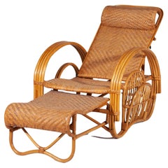 Used Boho Bamboo Extendable Lounger, Rattan Deck Chair, and Magazine Holder, 1950s