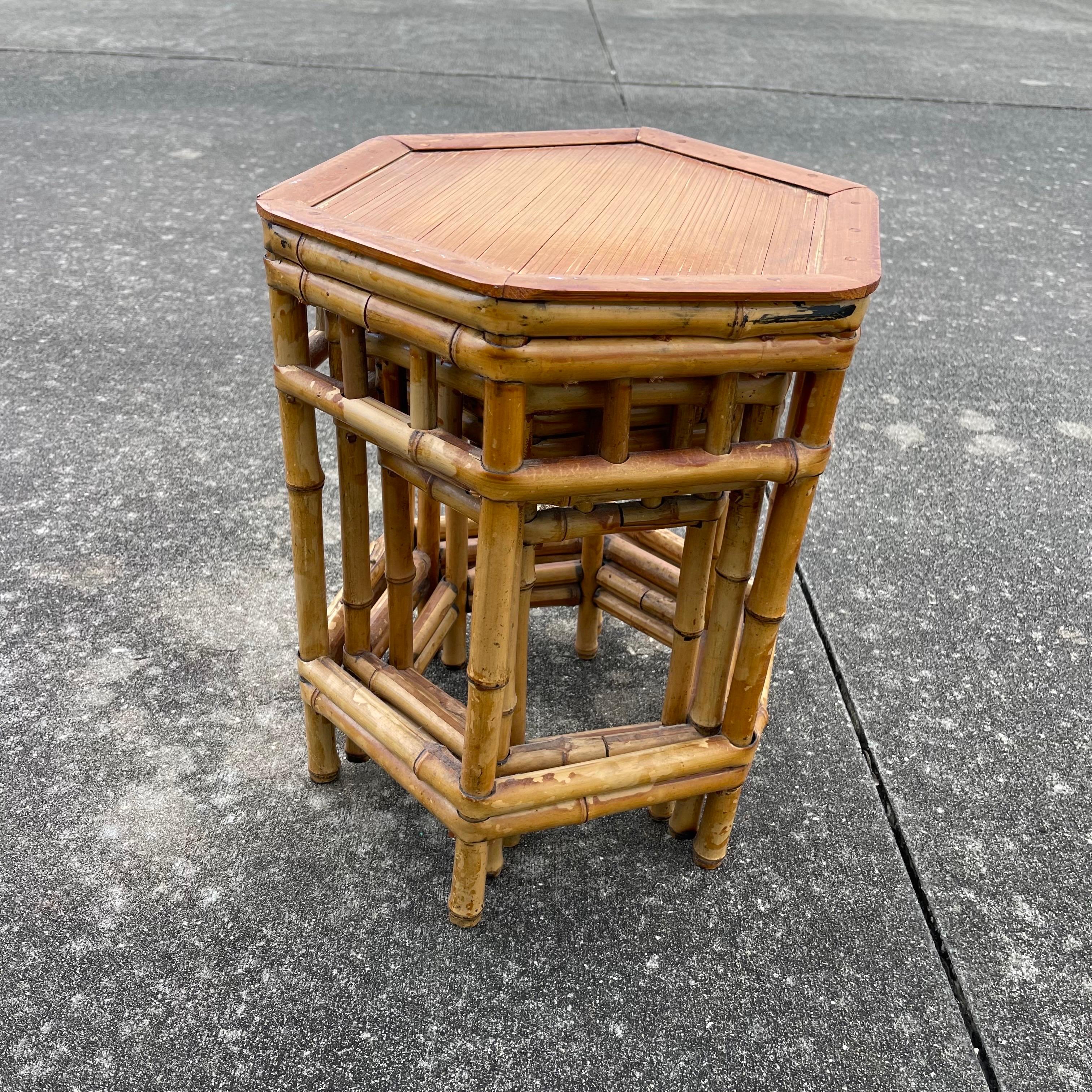 Charming set of staggered size side tables or plant stands.

Table dimensions small to large:

13.5”dia
15”h

11.5”dia
14”h

9”dia
12”h