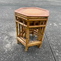 Boho Bamboo Rattan Staggered Nesting Stacking Tables or Plant Stands, Set of 3