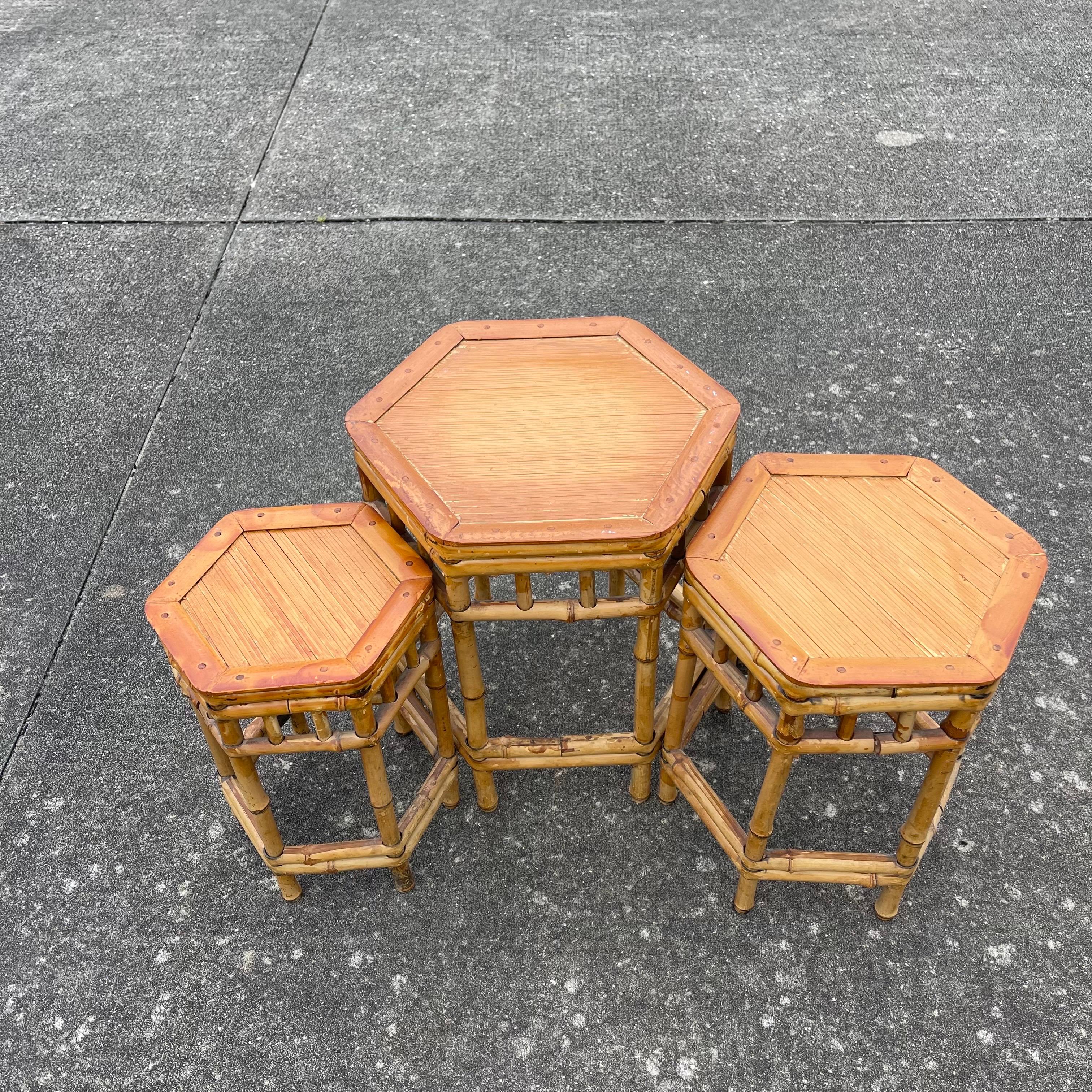 Boho Bamboo Rattan Staggered Nesting Stacking Tables or Plant Stands, Set of 3 In Fair Condition For Sale In Jensen Beach, FL