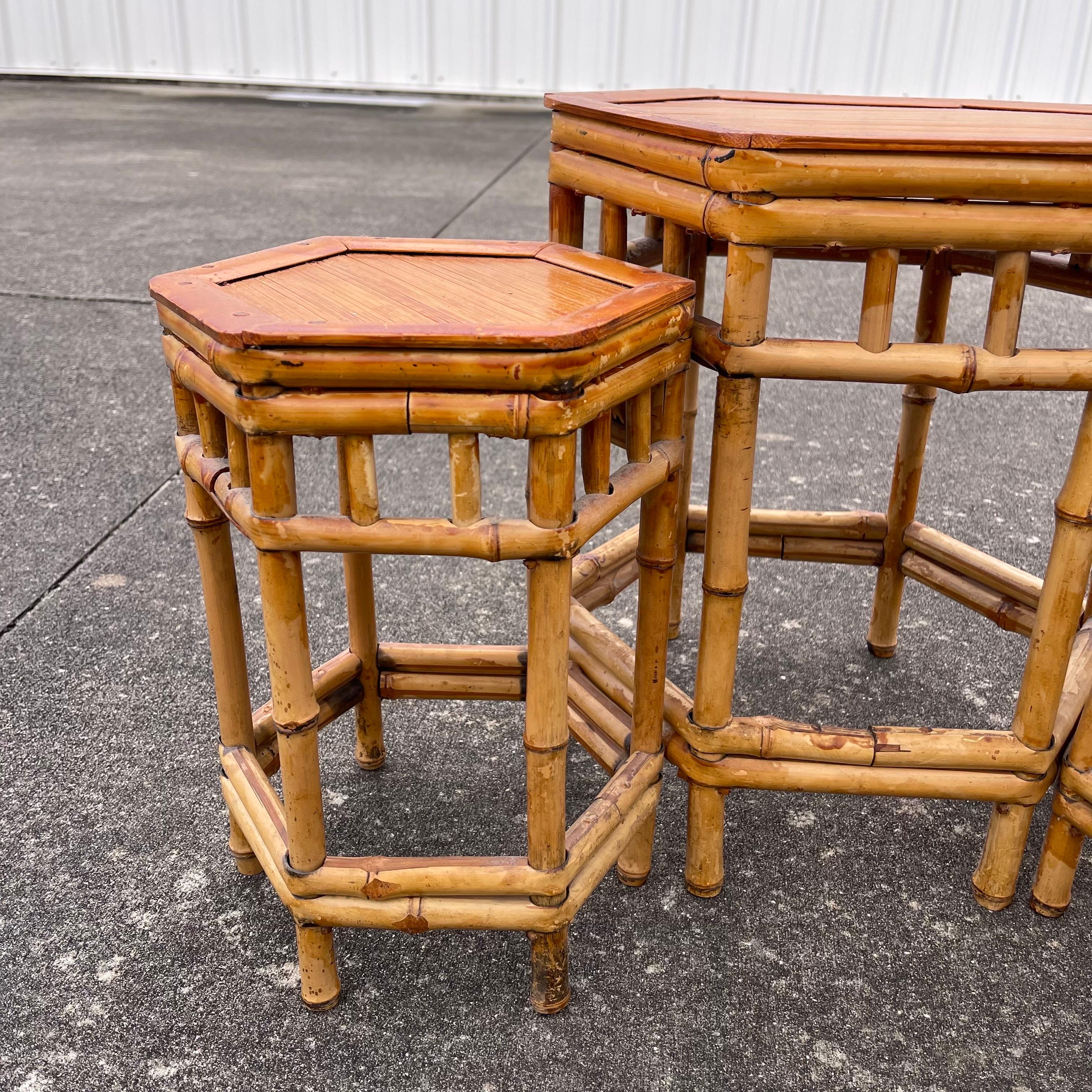 Boho Bamboo Rattan Staggered Nesting Stacking Tables or Plant Stands, Set of 3 For Sale 1