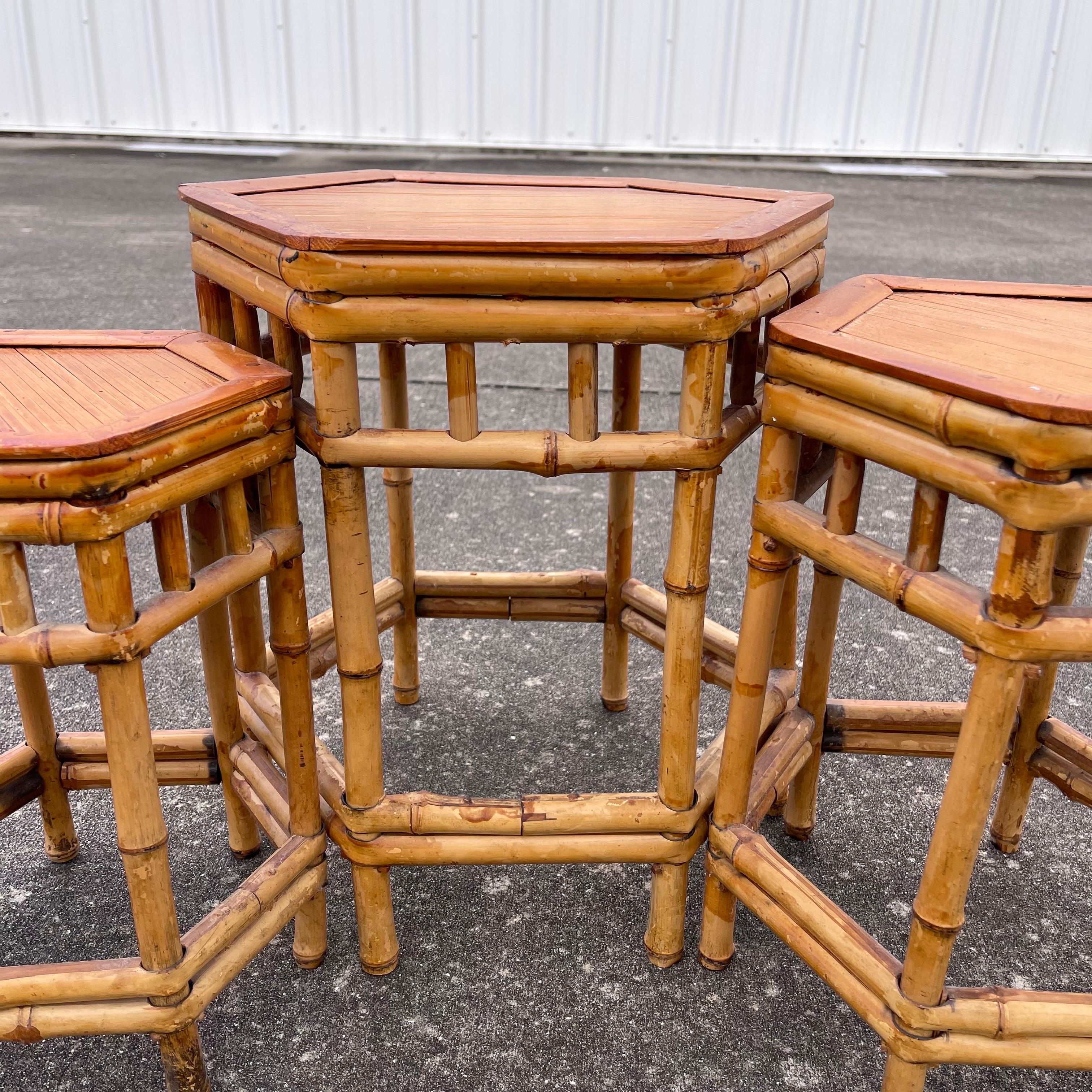 Boho Bamboo Rattan Staggered Nesting Stacking Tables or Plant Stands, Set of 3 For Sale 2