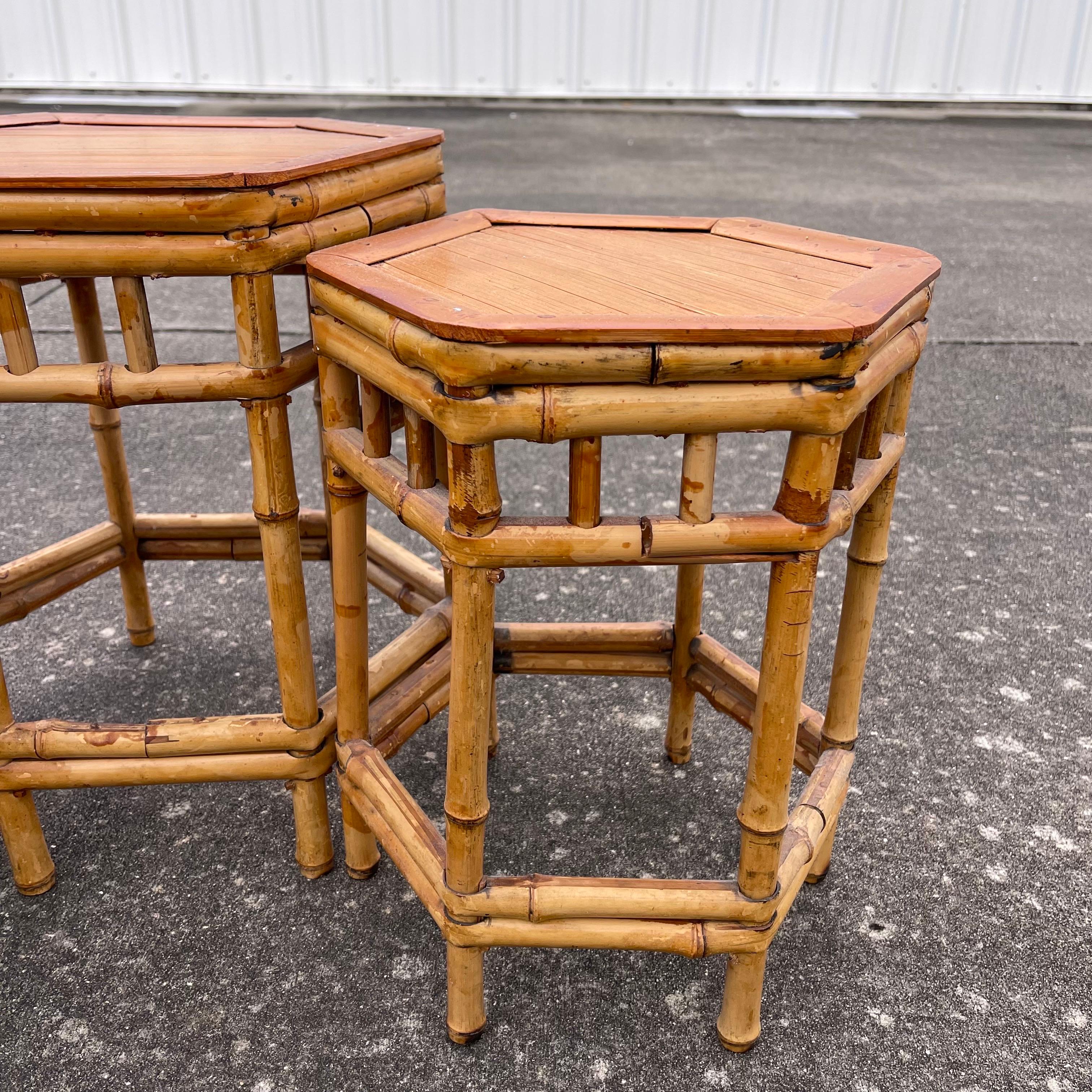 Boho Bamboo Rattan Staggered Nesting Stacking Tables or Plant Stands, Set of 3 For Sale 3