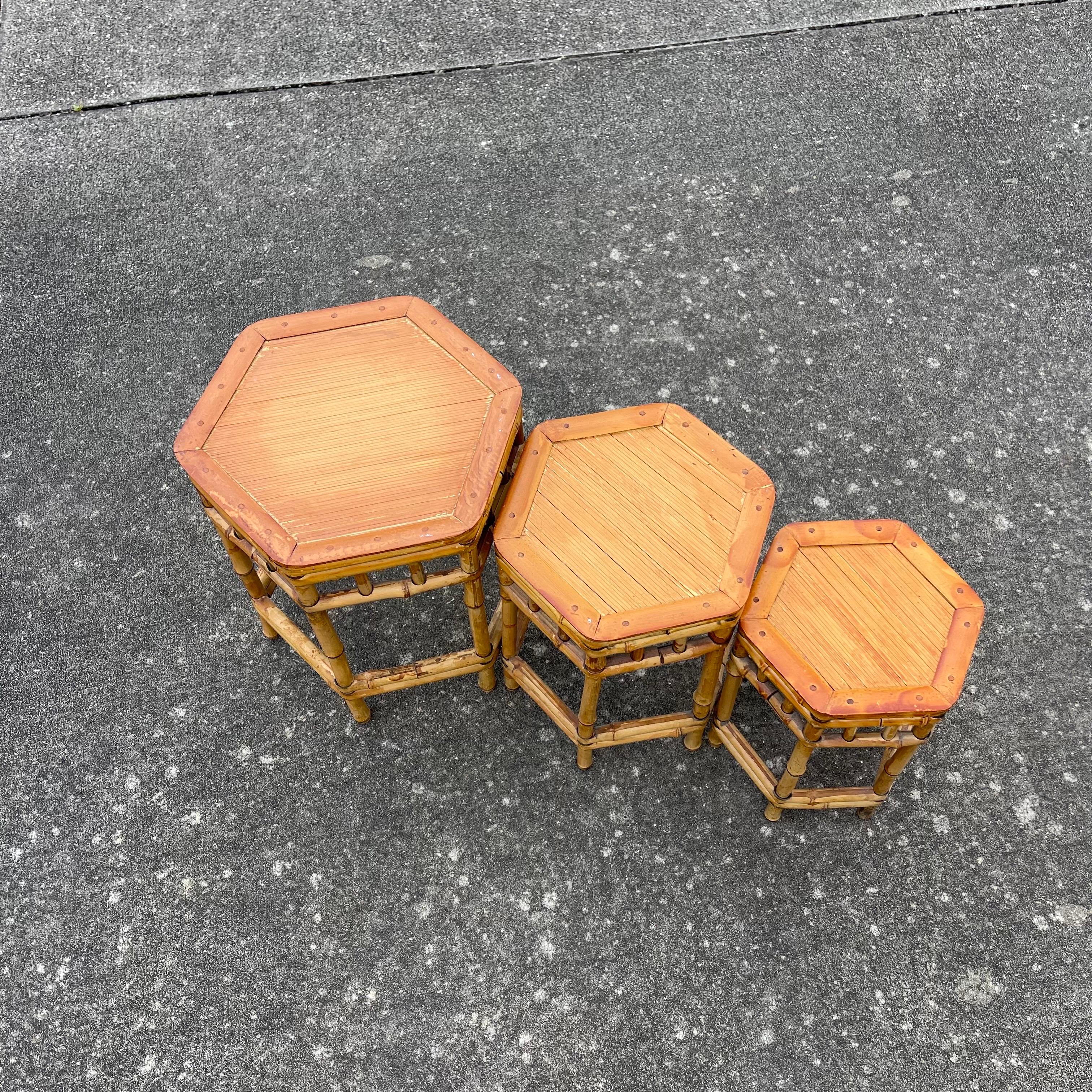 Boho Bamboo Rattan Staggered Nesting Stacking Tables or Plant Stands, Set of 3 For Sale 5