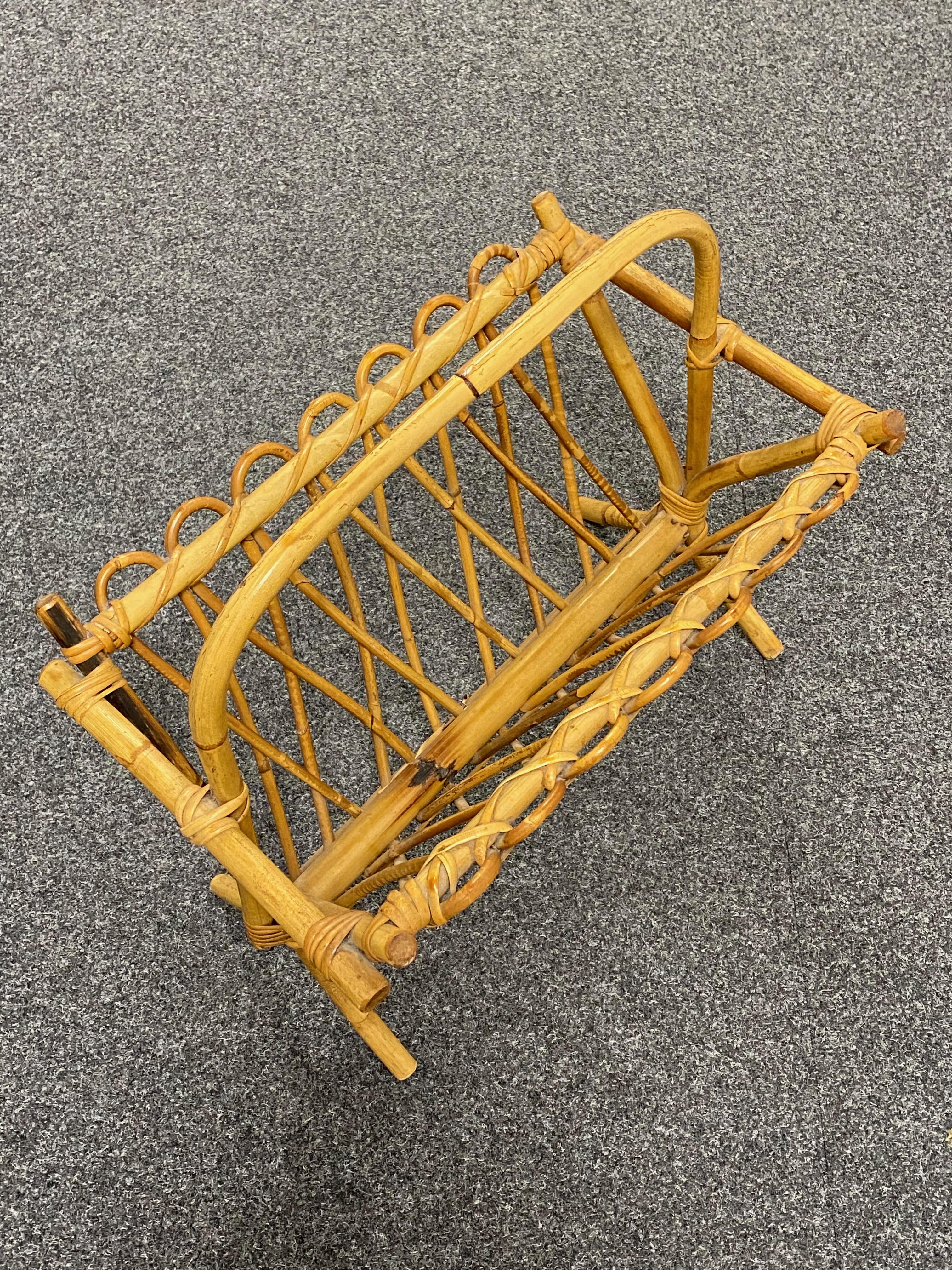 Metal Boho Beach Tiki Rattan Wicker Magazine Rack Stand, 1970s, German For Sale