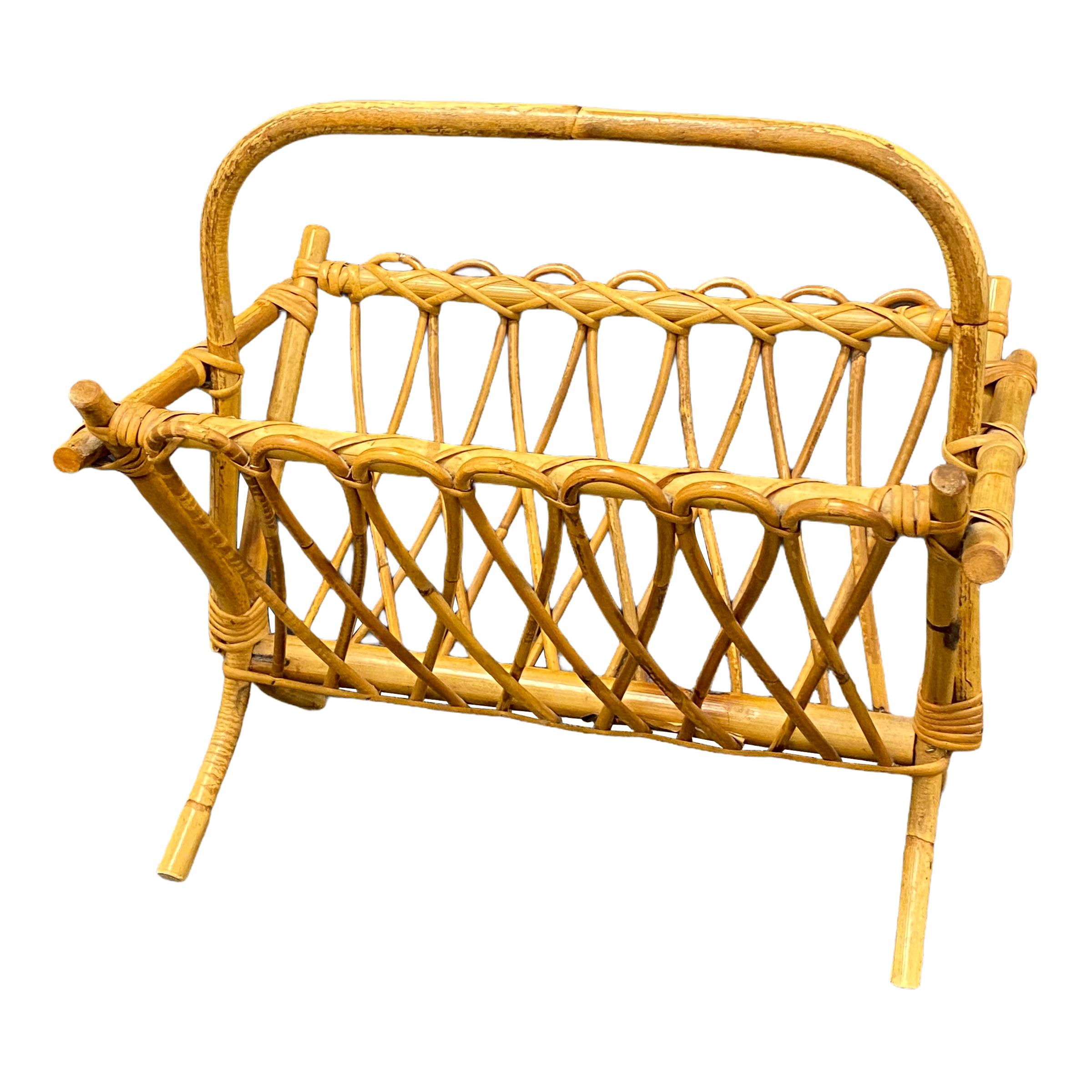 Boho Beach Tiki Rattan Wicker Magazine Rack Stand, 1970s, German