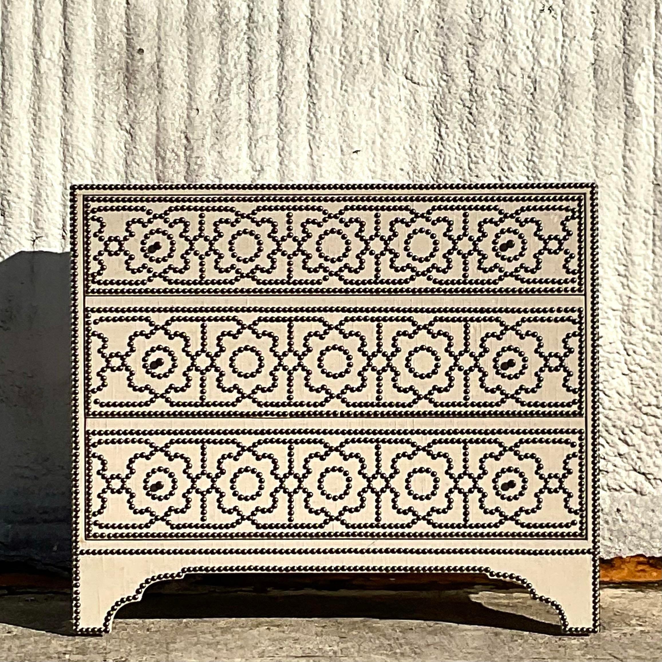 Boho Bernhardt Linen Wrapped Nailhead Chest of Drawers In Good Condition For Sale In west palm beach, FL