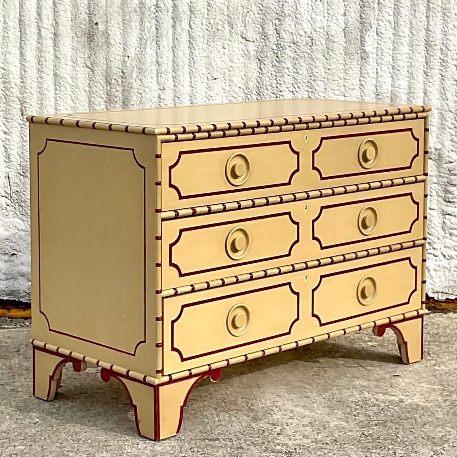 Vintage Boho Three drawer chest of drawers. The Big Pine Key chest in a pale Goldenrod with hatched cherry trim. Acquired from a Palm Beach estate. 