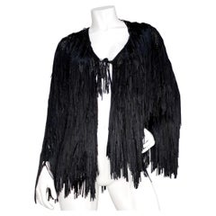 Italian Black Silk Ribbon Fringe Statement Crochet Jacket