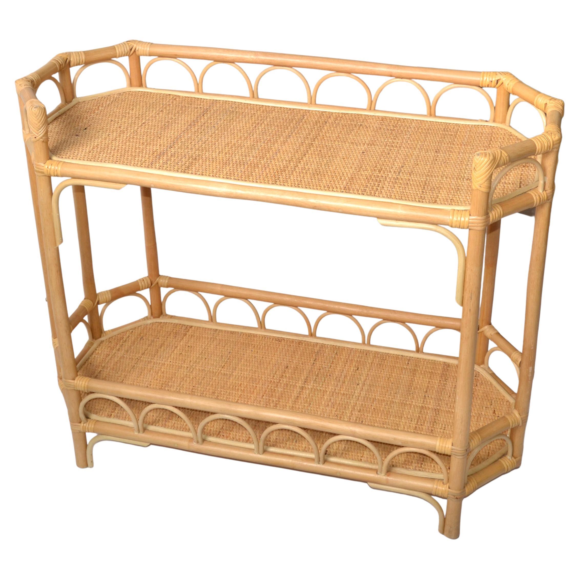 Boho Chic 2 Tier Bent Bamboo & Cane handwoven Top Kitchen Dry Bar Console Table For Sale