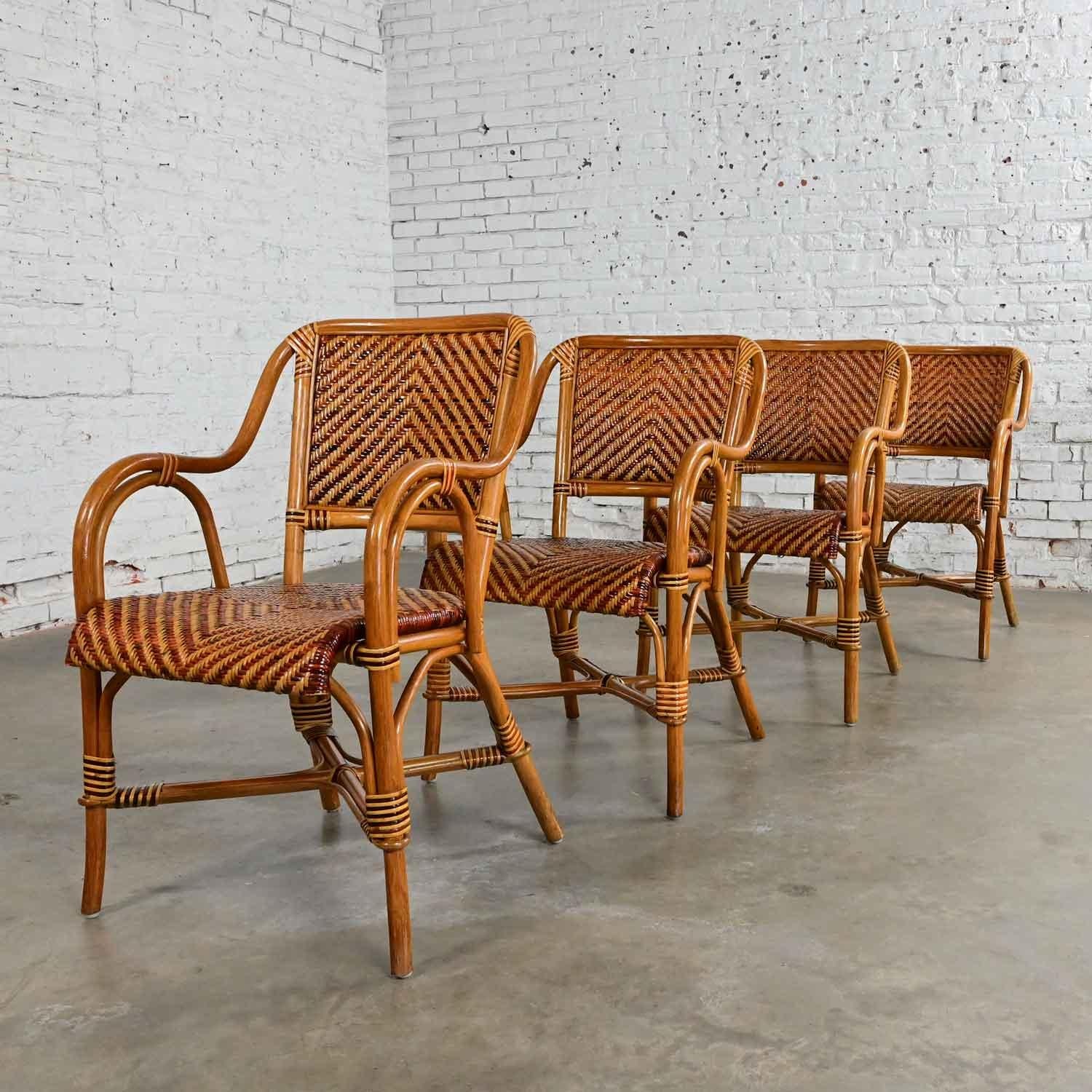 Boho Chic 2 Toned Wicker Rattan Café Bistro or Conservatory Armchairs Set of 4 5