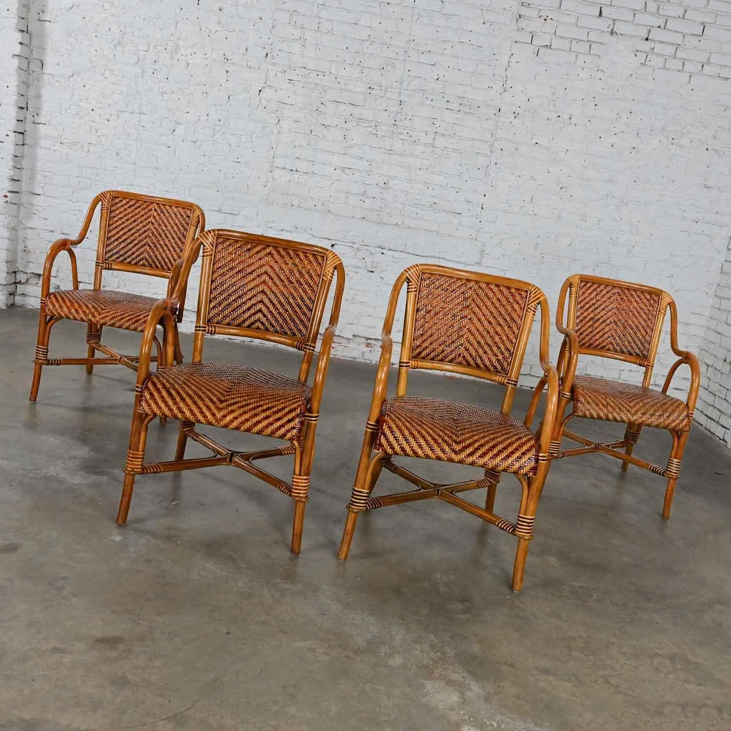 Unknown Boho Chic 2 Toned Wicker Rattan Café Bistro or Conservatory Armchairs Set of 4