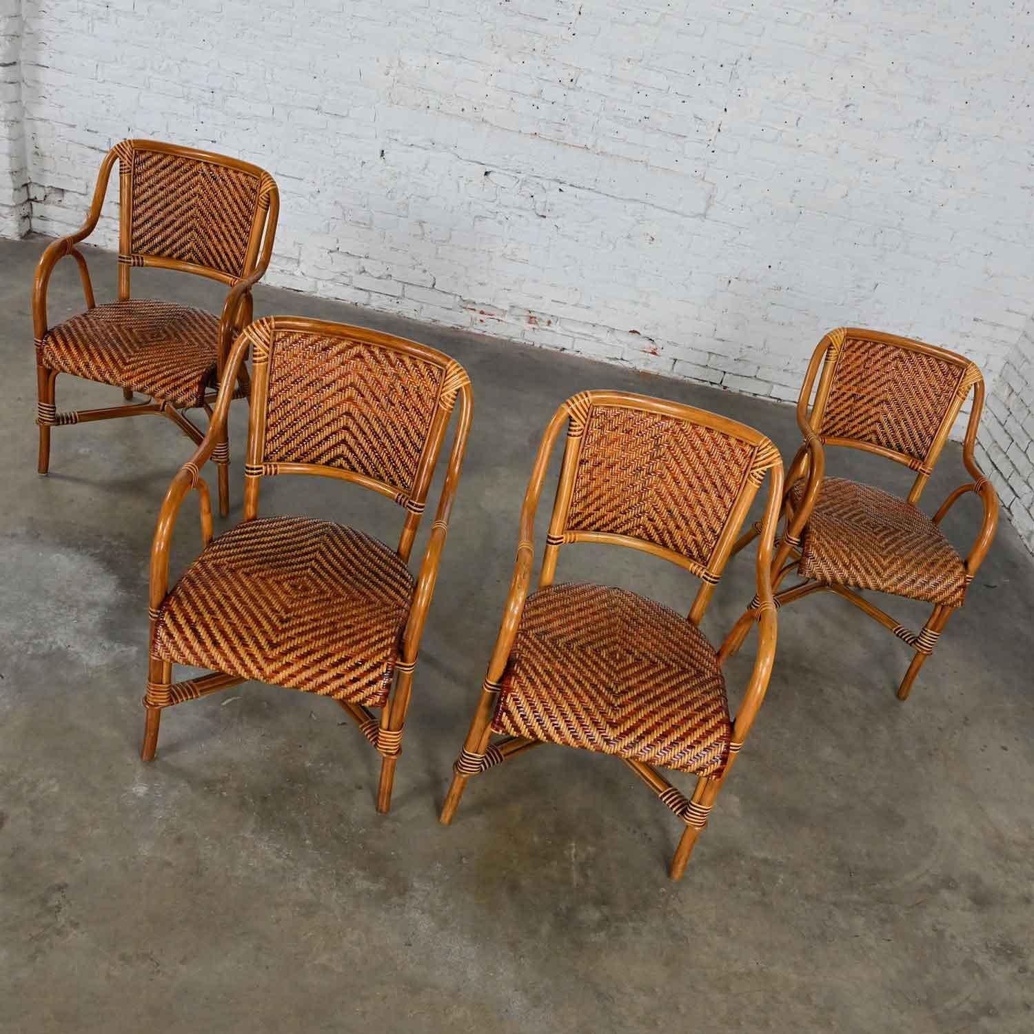 20th Century Boho Chic 2 Toned Wicker Rattan Café Bistro or Conservatory Armchairs Set of 4
