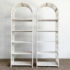 Boho Chic Arch Top White Wicker Rattan Étagères - a Pair