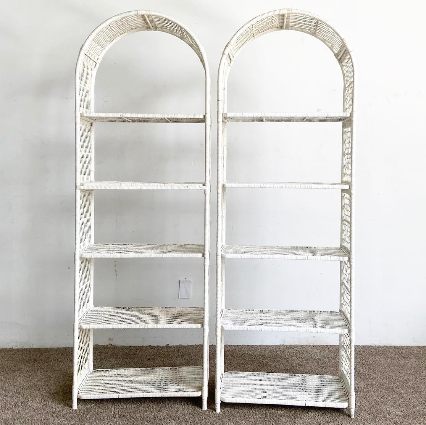 Late 20th Century Boho Chic Arch Top White Wicker Rattan Étagères - a Pair For Sale