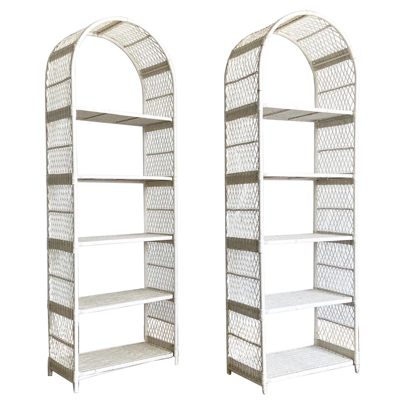 Boho Chic Arch Top White Wicker Rattan Étagères - a Pair