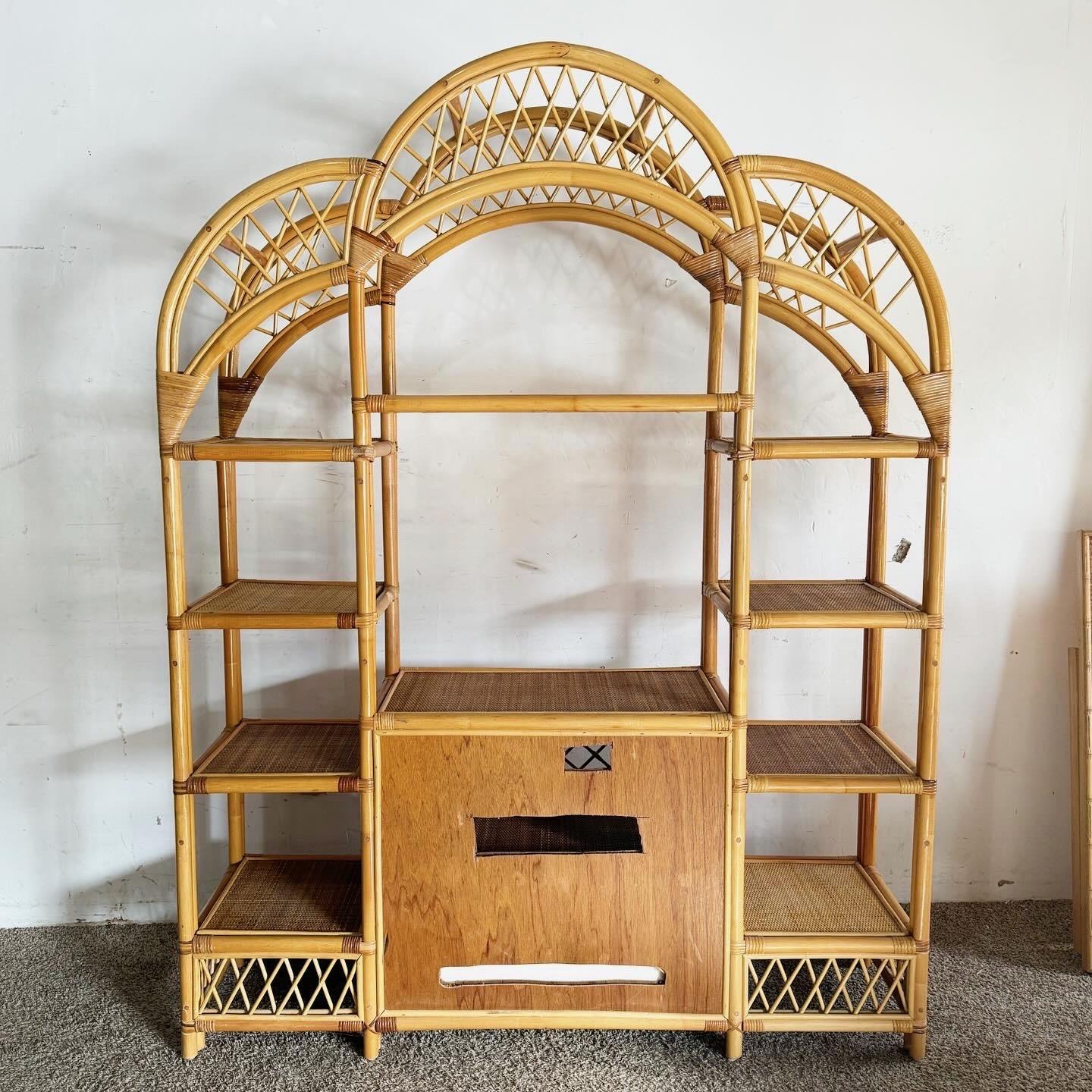 Bohemian Boho Chic Arched Bamboo Rattan and Wicker Etagere For Sale