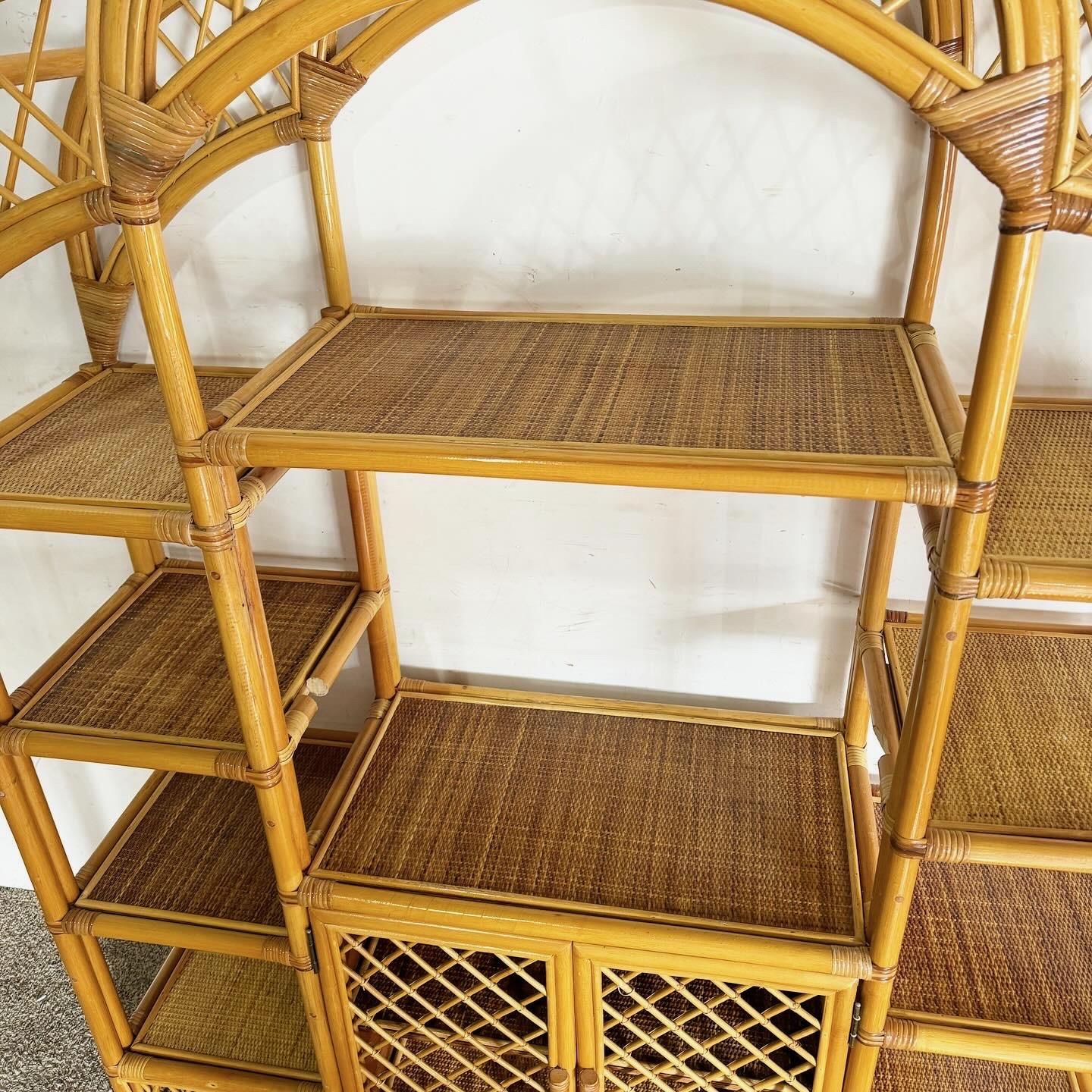 Boho Chic Arched Bamboo Rattan and Wicker Etagere In Good Condition For Sale In Delray Beach, FL