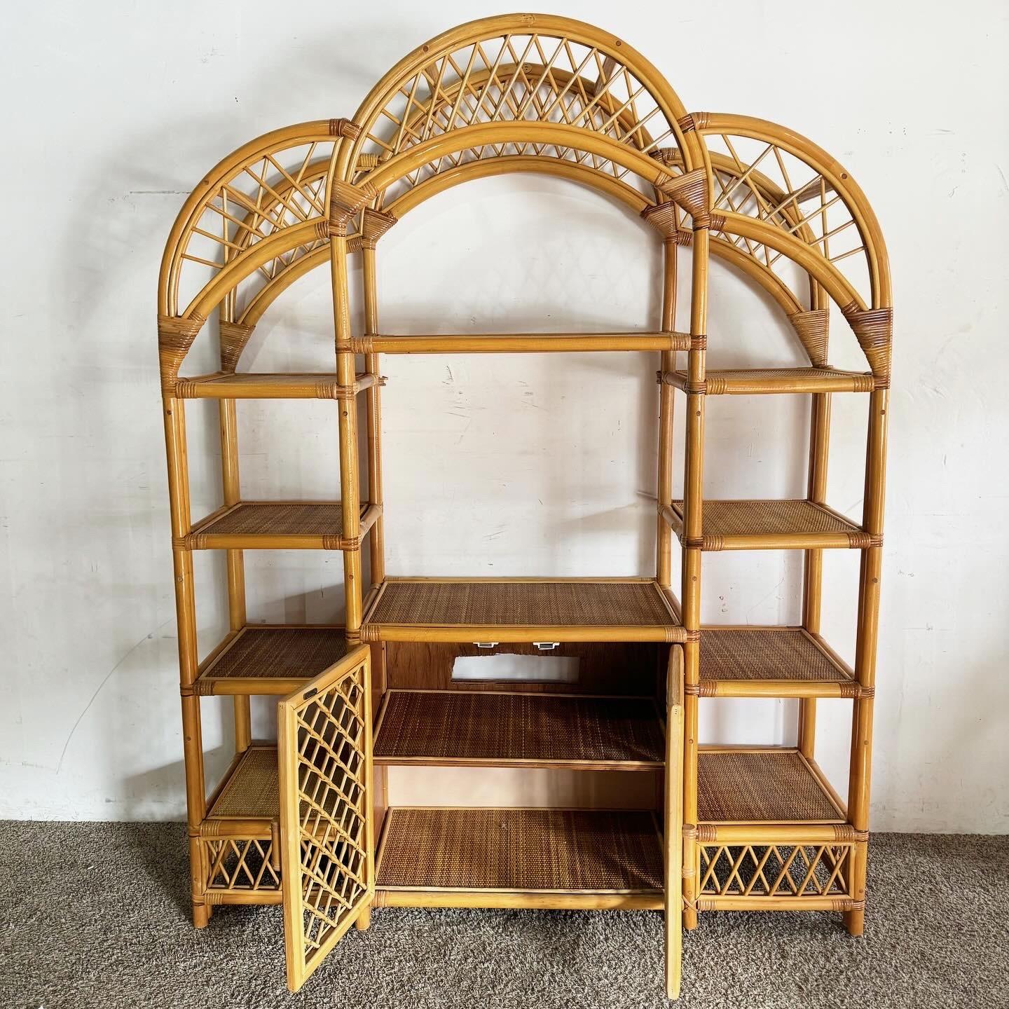 20th Century Boho Chic Arched Bamboo Rattan and Wicker Etagere For Sale
