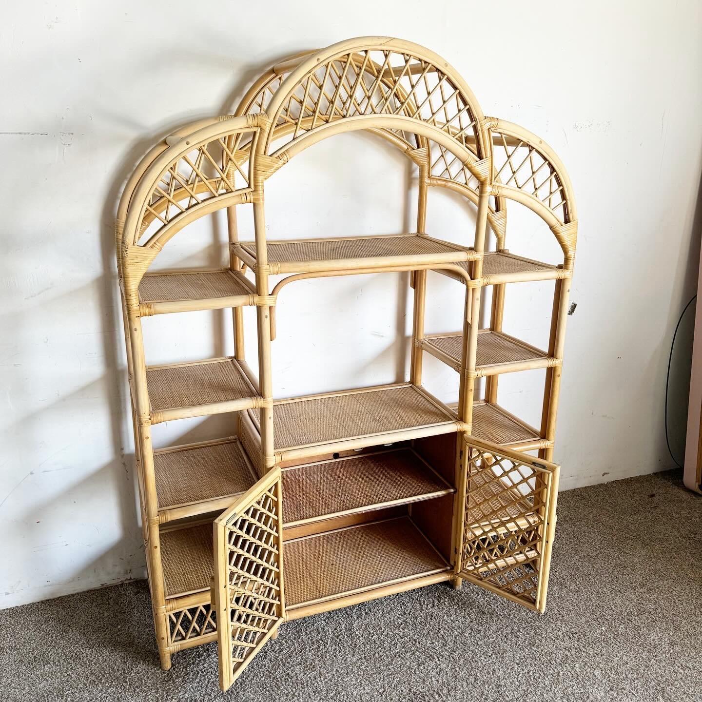 Boho Chic Arched Bamboo Rattan and Wicker Etagere For Sale 2