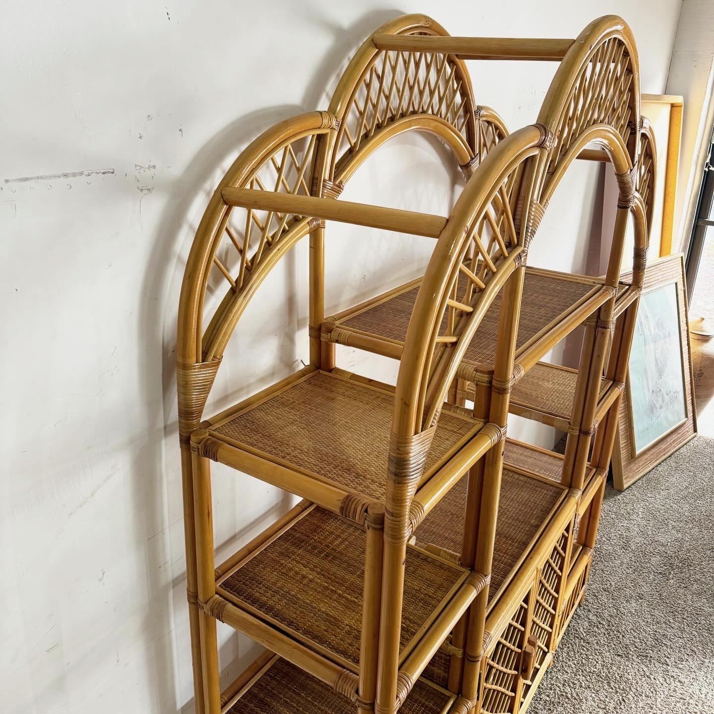 Boho Chic Arched Bamboo Rattan and Wicker Etagere For Sale 2
