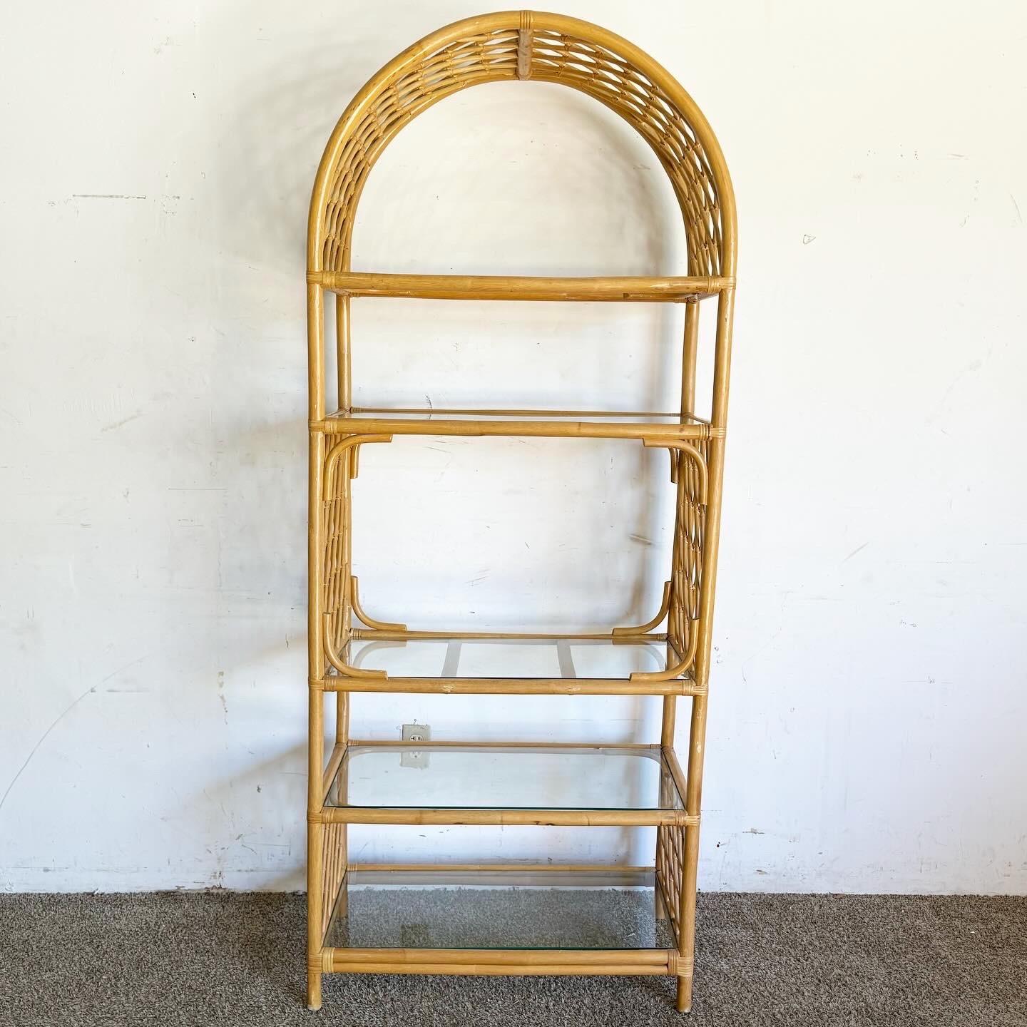 Boho Chic Arched Bamboo Rattan Etagere - 5 Shelves In Good Condition For Sale In Delray Beach, FL