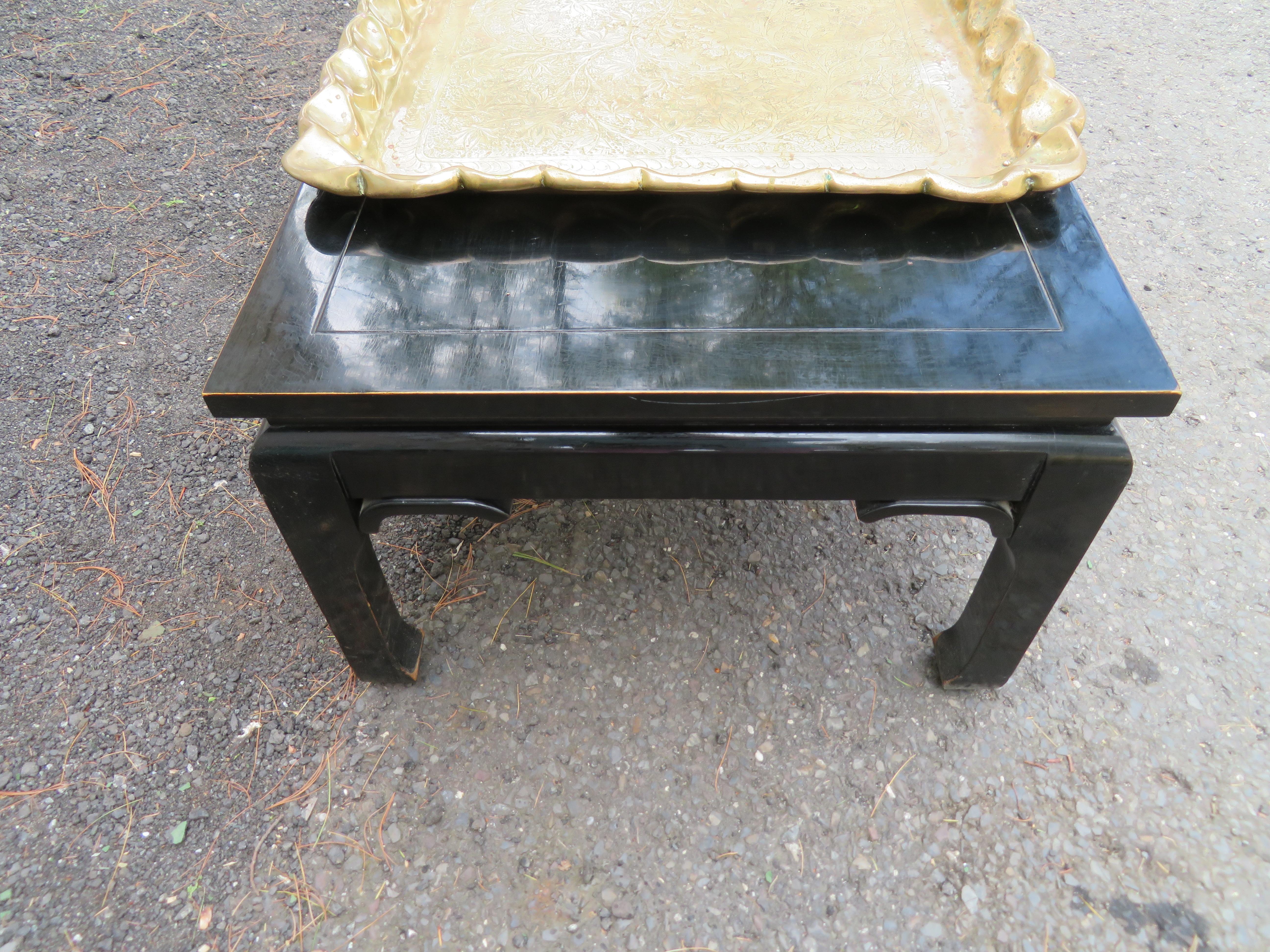 American Boho Chic Asian Style Rectangular Coffee Table Attached Brass Tray Chinoiserie For Sale
