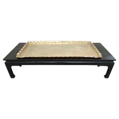 Boho Chic Asian Style Rectangular Coffee Table Attached Brass Tray Chinoiserie