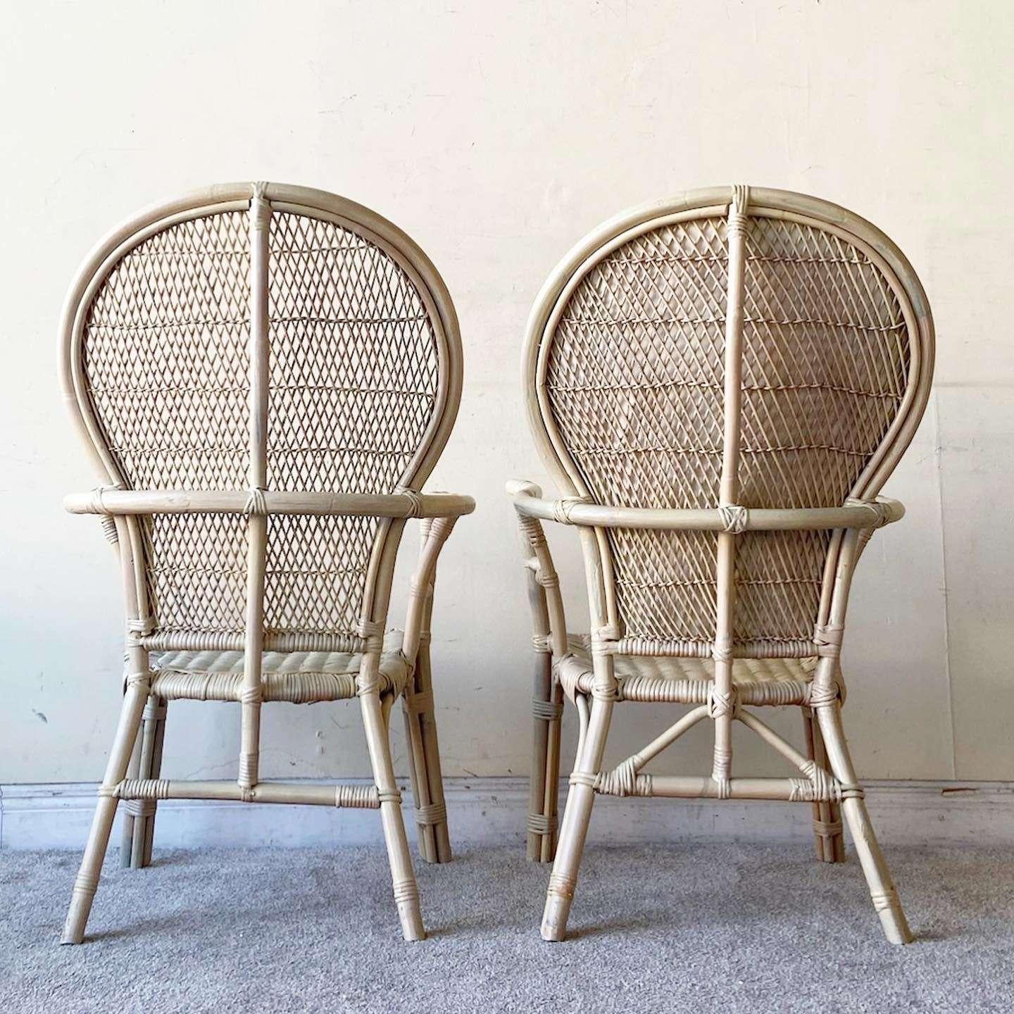 Boho Chic Balloon Back Bamboo Rattan Dining Chairs - Set of 6 In Good Condition For Sale In Delray Beach, FL