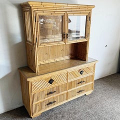 Boho Chic Bamboo and Pencil Reed Credenza With Hut Hutch/Etagere/Caninet