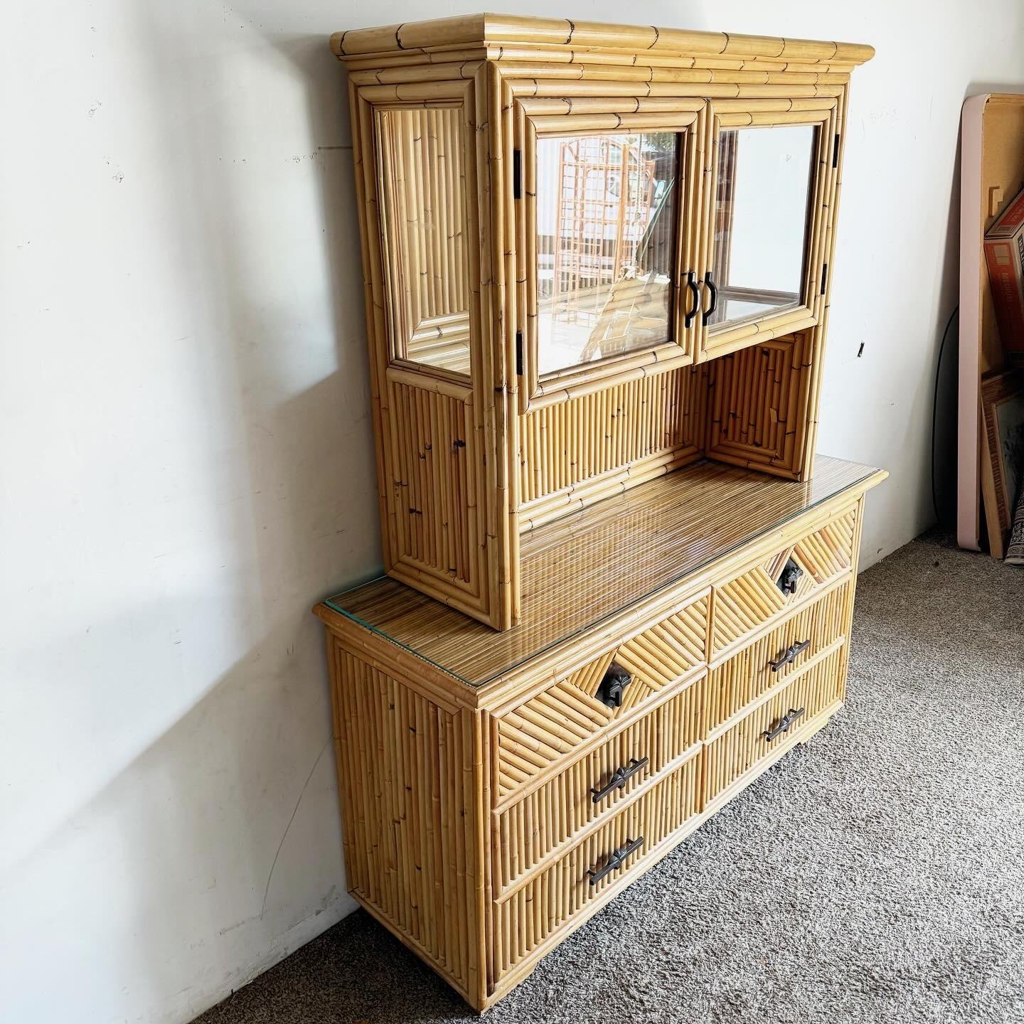 Indonesian Boho Chic Bamboo and Pencil Reed Credenza With Hut Hutch/Etagere/Caninet For Sale