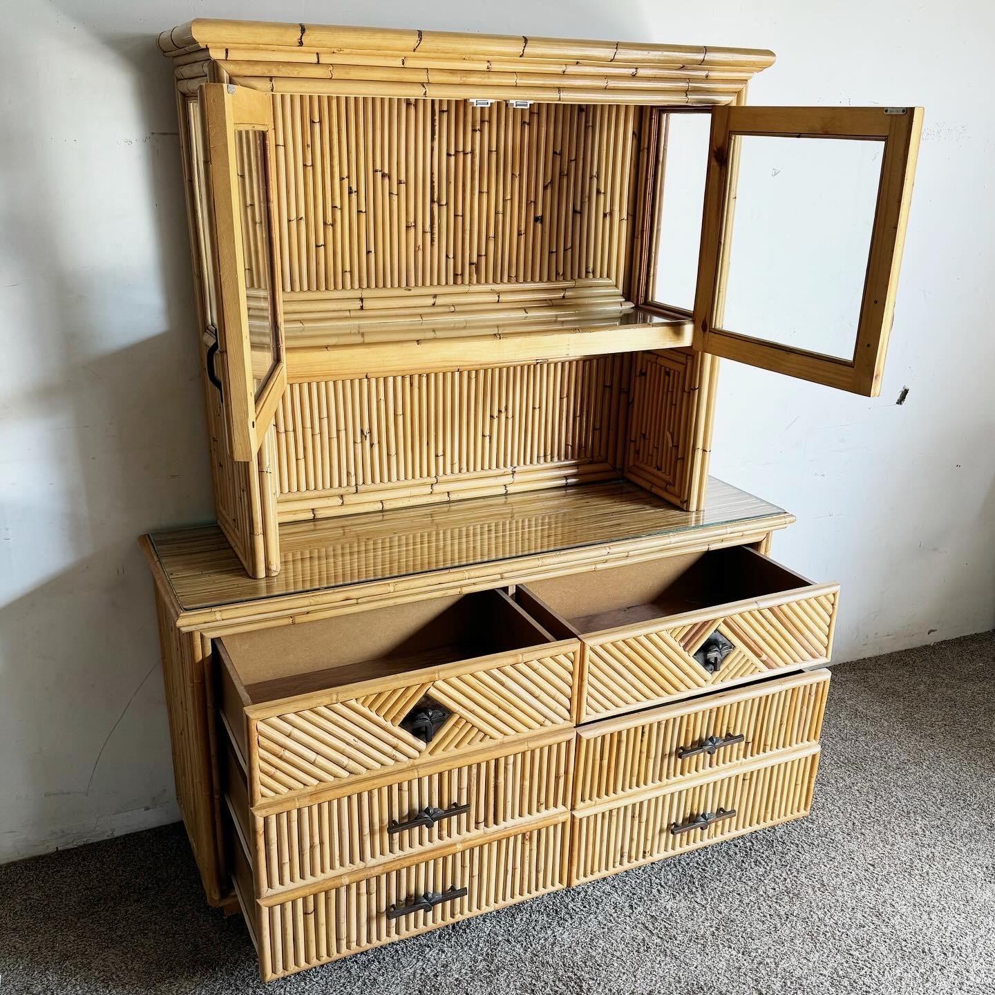 Boho Chic Bamboo and Pencil Reed Credenza With Hut Hutch/Etagere/Caninet For Sale 1