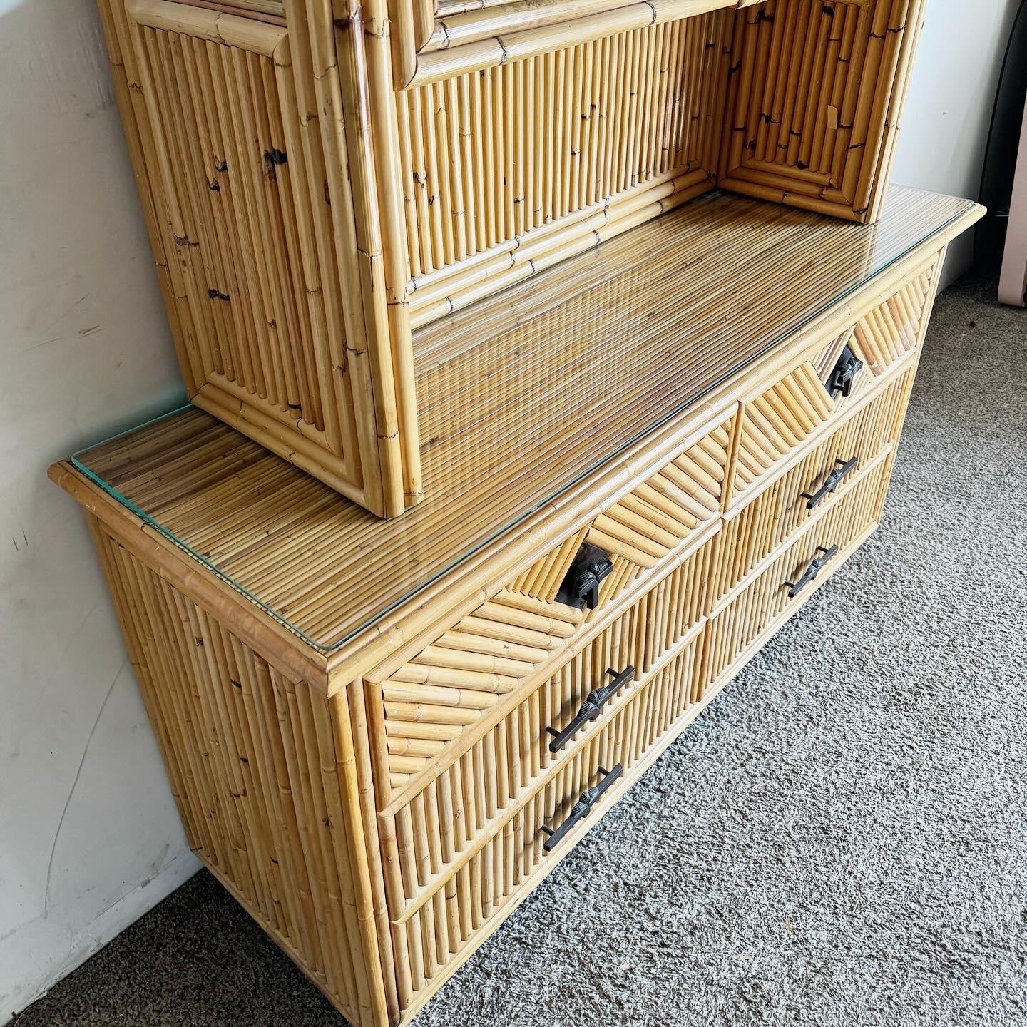 Boho Chic Bamboo and Pencil Reed Credenza With Hut Hutch/Etagere/Caninet For Sale 2