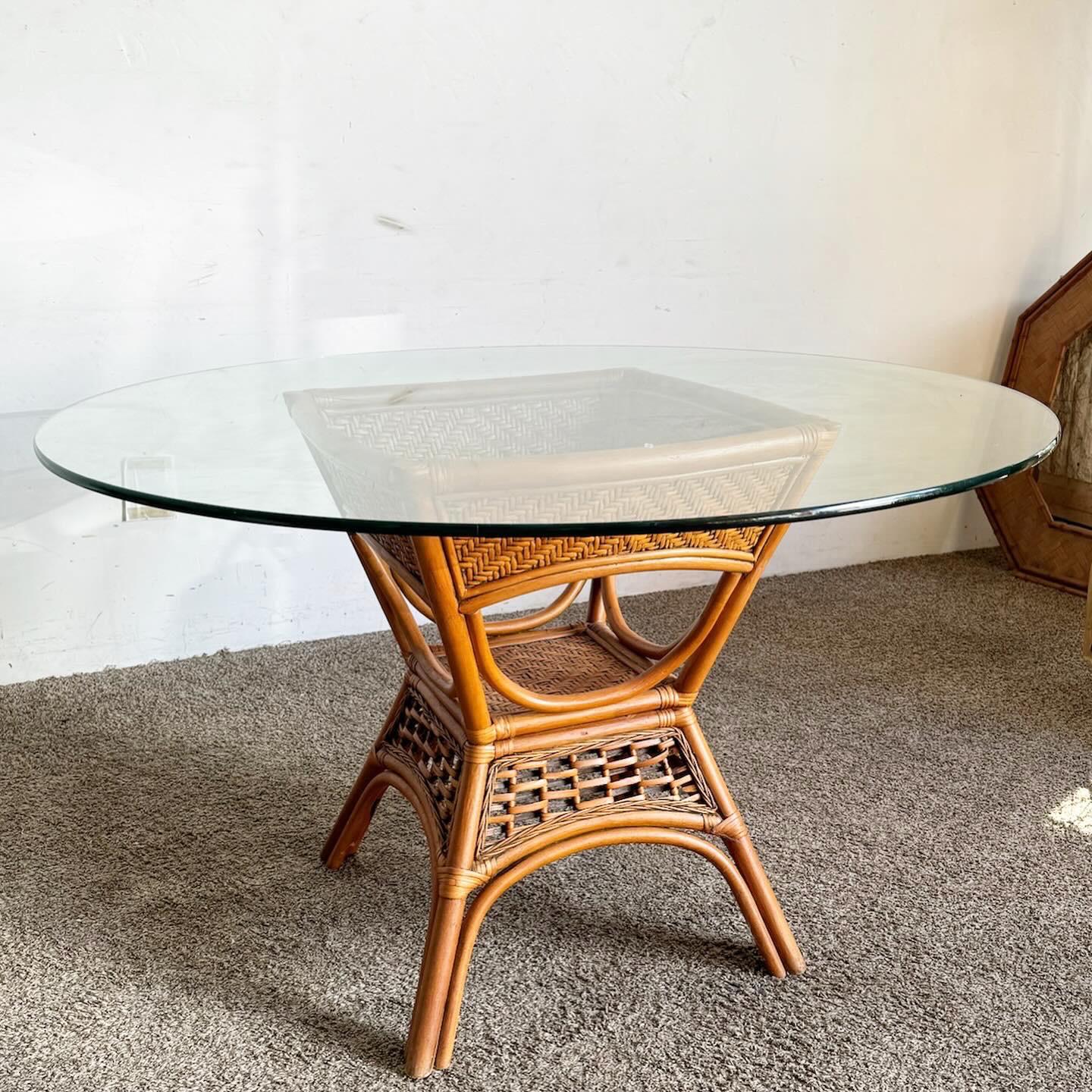 Philippine Boho Chic Bamboo and Rattan Glass Top Dining Table For Sale