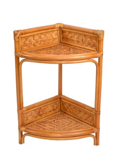 Boho Chic Bamboo and Rattan Handmade Two-Tier Corner Shelf, Plant Stand Display