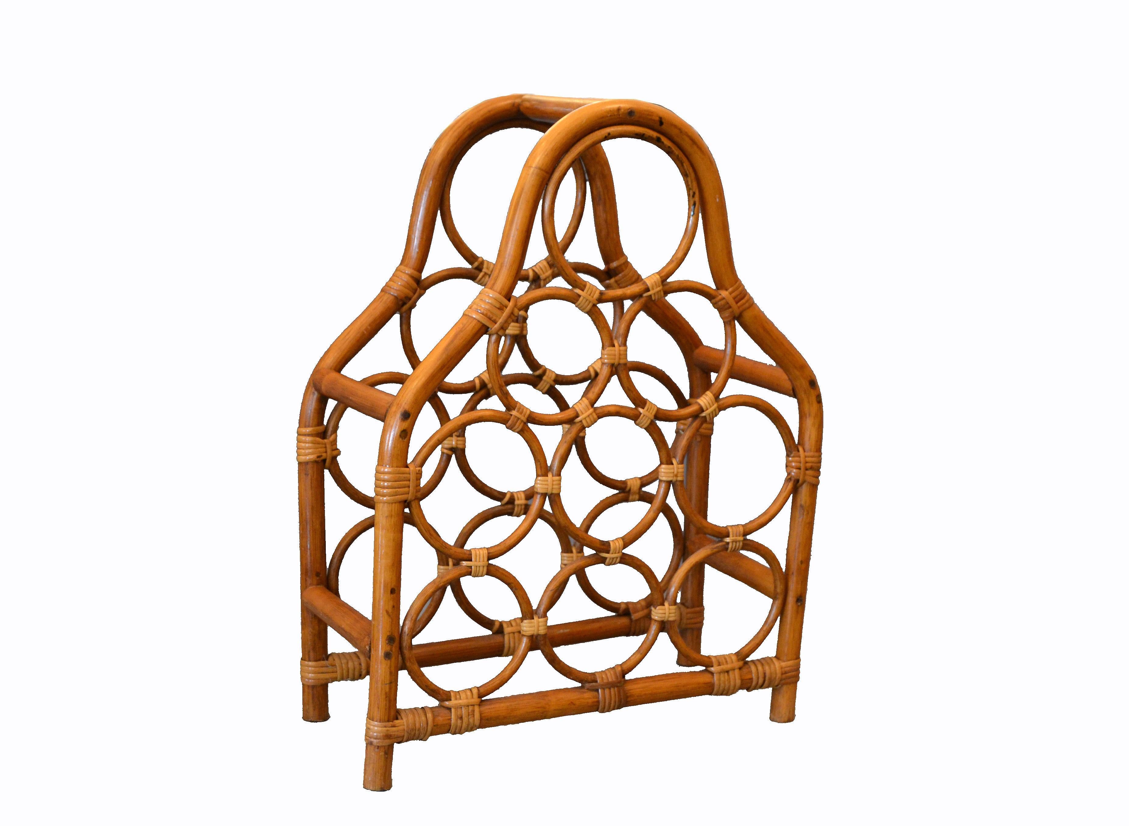 20th Century Mid 20Century Boho Chic Bamboo Rattan Nine Bottle Wine Rack Storage Basket Caddy For Sale