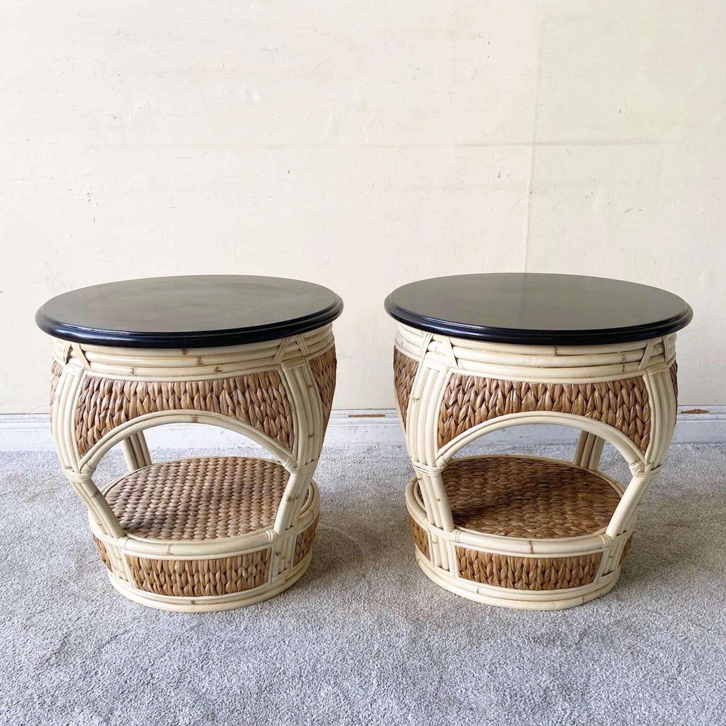 Philippine Boho Chic Bamboo and Sea Grass Circular Side Tables - a Pair For Sale