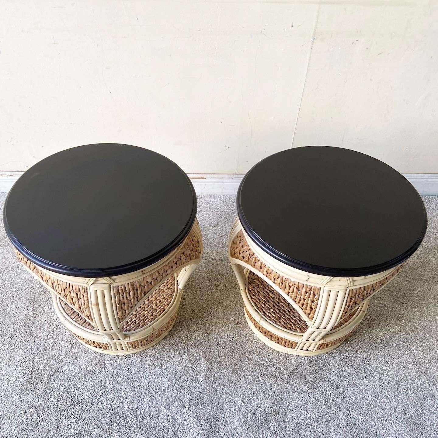 Late 20th Century Boho Chic Bamboo and Sea Grass Circular Side Tables - a Pair For Sale