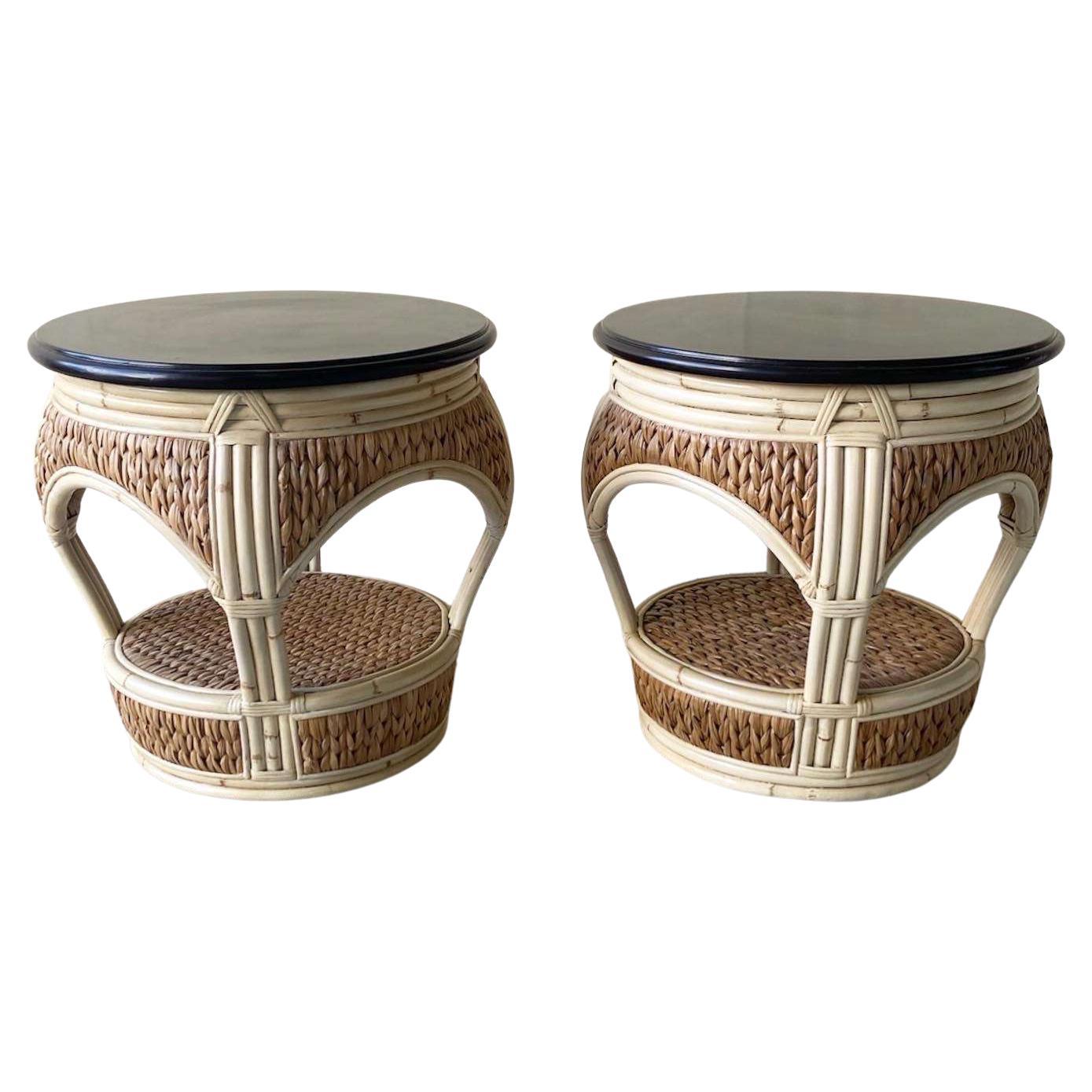 Boho Chic Bamboo and Sea Grass Circular Side Tables - a Pair For Sale