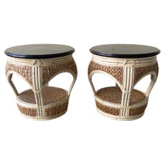Boho Chic Bamboo and Sea Grass Circular Side Tables, a Pair