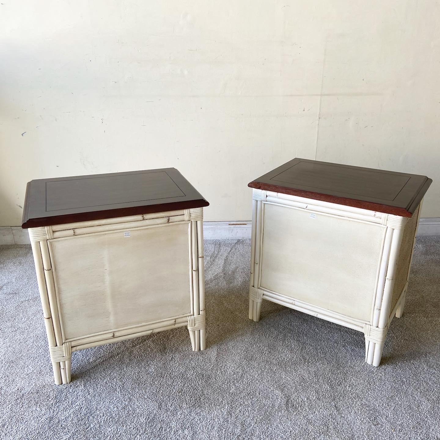 Late 20th Century Boho Chic Bamboo and Sea Grass Nightstands, a Pair