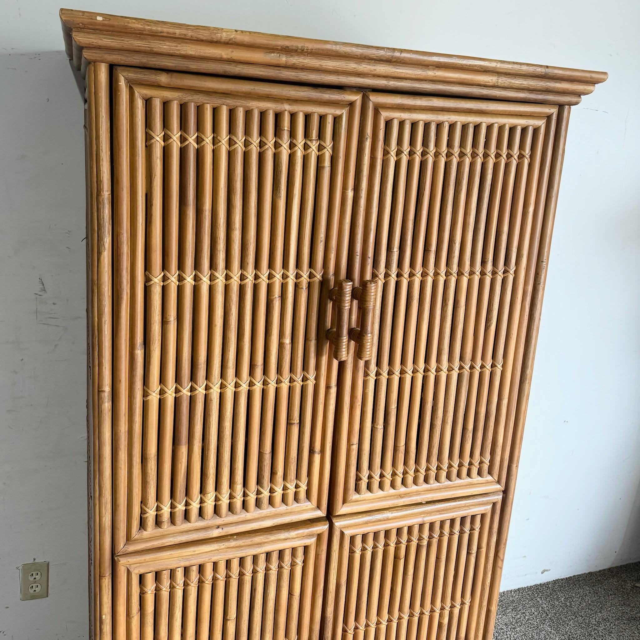 Infuse your space with bohemian charm using this versatile Boho Chic Bamboo Armoire/Dry Bar. Crafted from bamboo with a natural finish, this piece combines functionality with artistic flair, offering ample storage with multiple shelves and